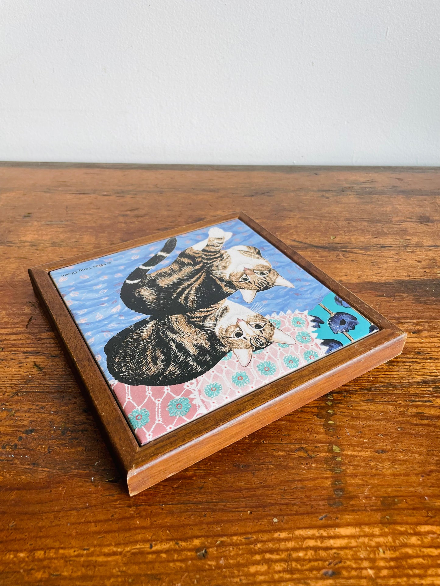 Mimi Vang Olsen Wood & Tile Cat Trivet or Wall Hanging Picture - Orient Taiwan