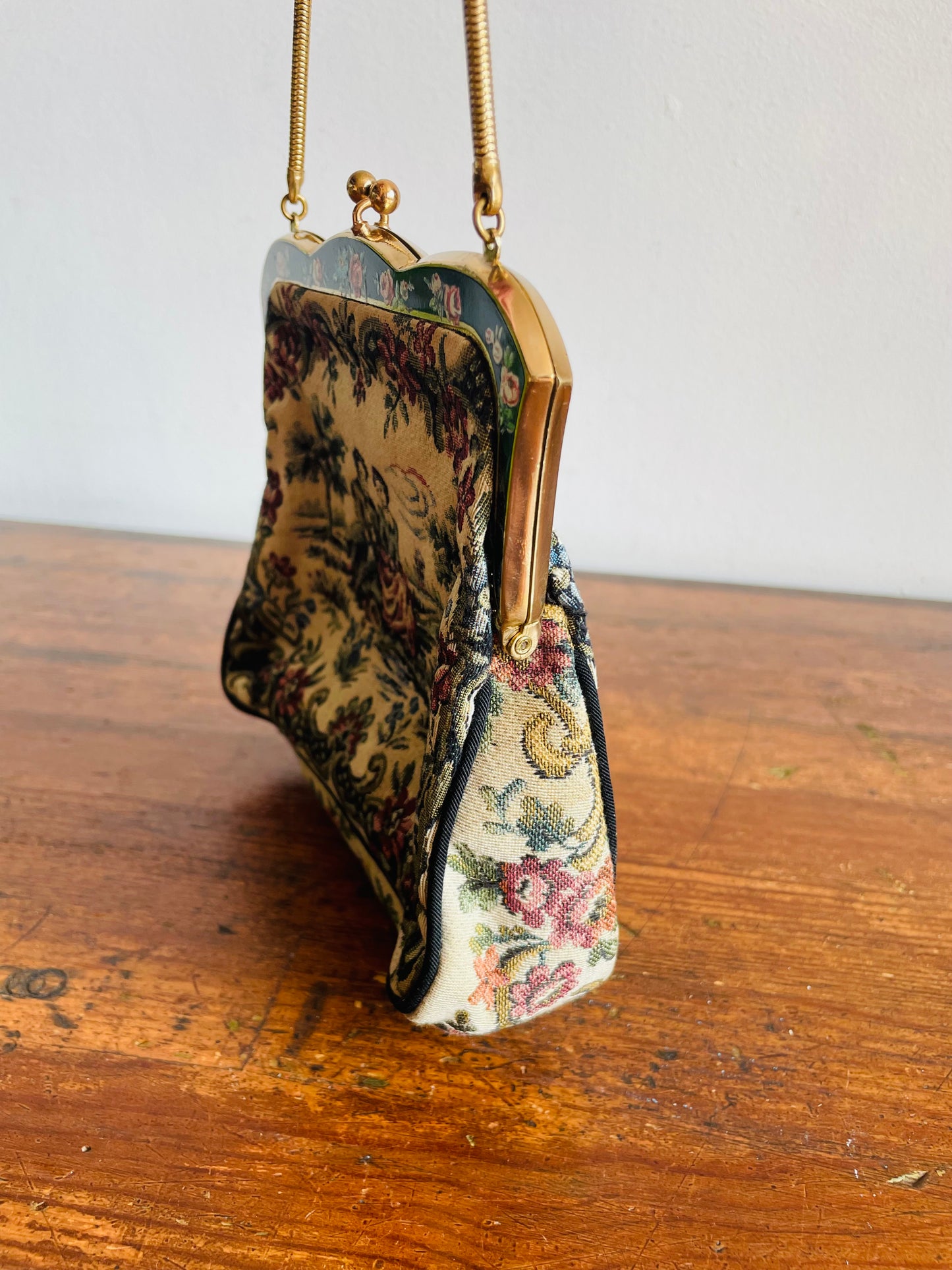 La Marquise Romantic French Tapestry Evening Bag Purse on Brass Chain