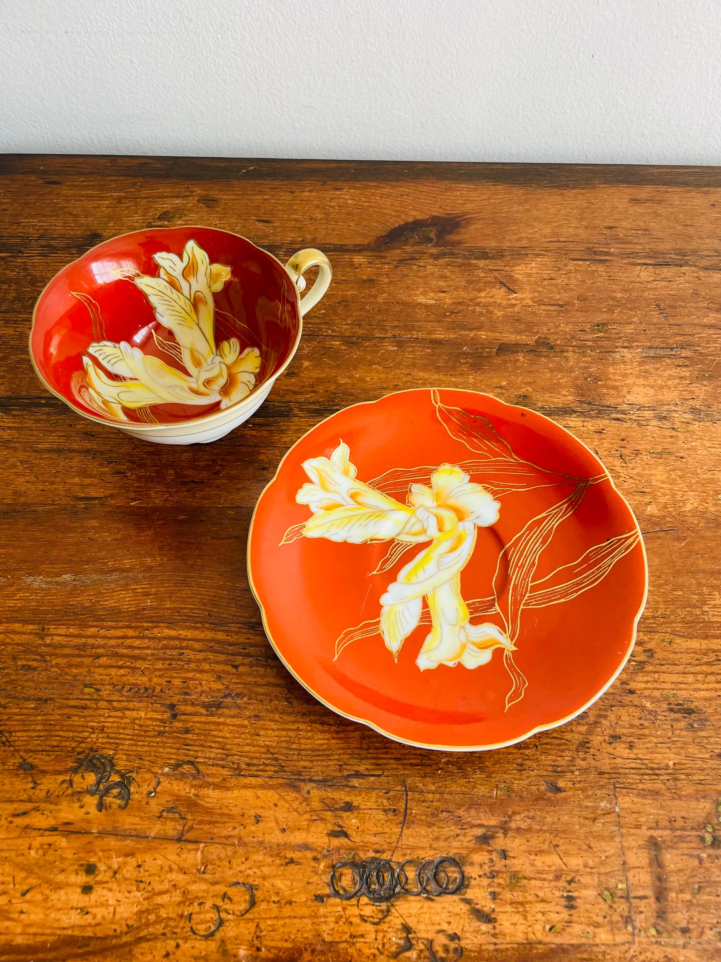 1940s Diamond China Burnt Orange Tea Cup & Saucer with White Iris Flower Design - Made in Occupied Japan