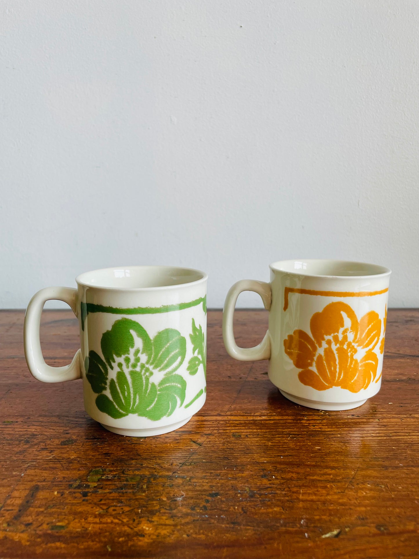 Mustard Yellow & Green Flower Mugs - WP Made in England - Set of 2