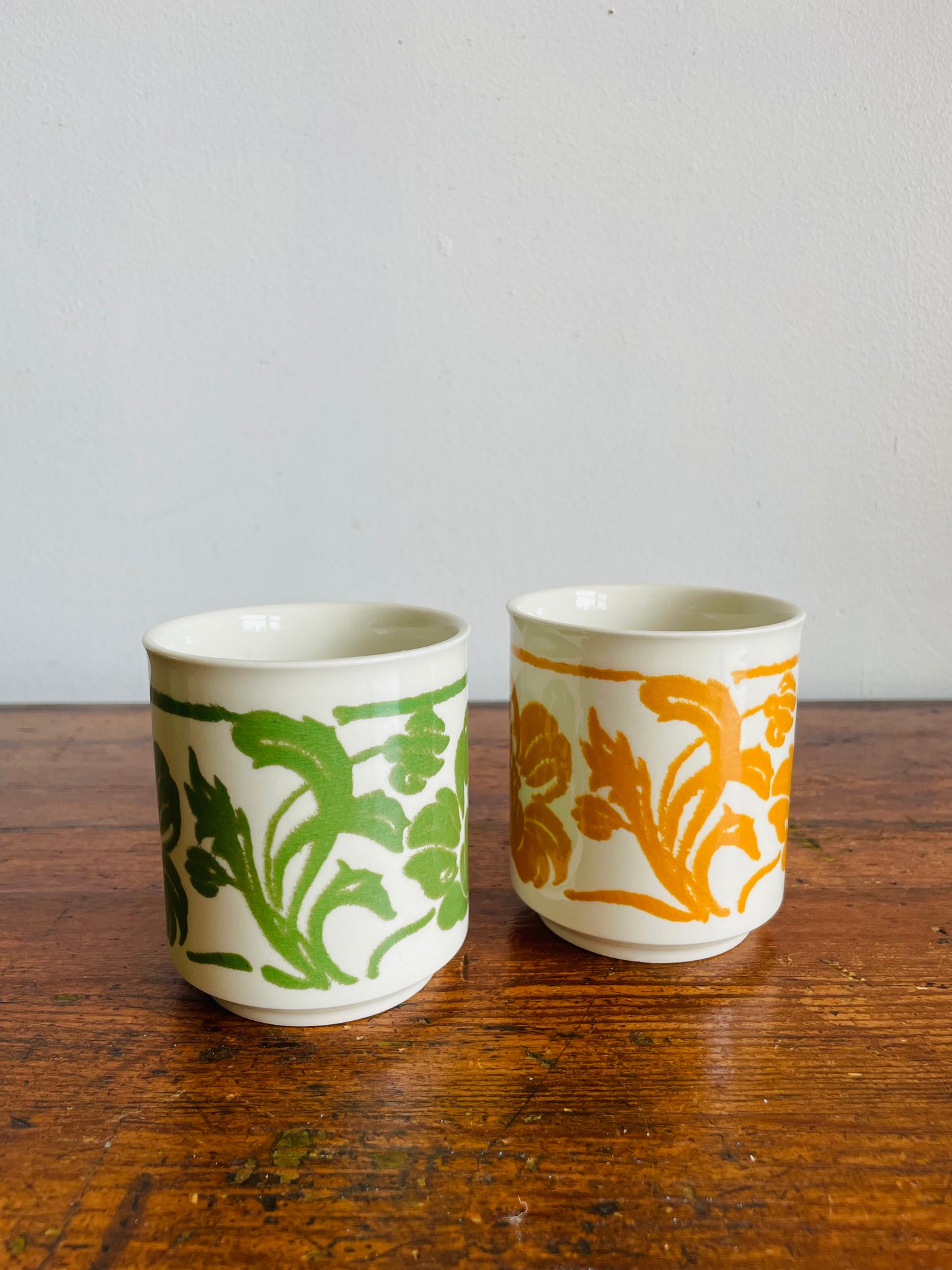 Mustard Yellow & Green Flower Mugs - WP Made in England - Set of 2