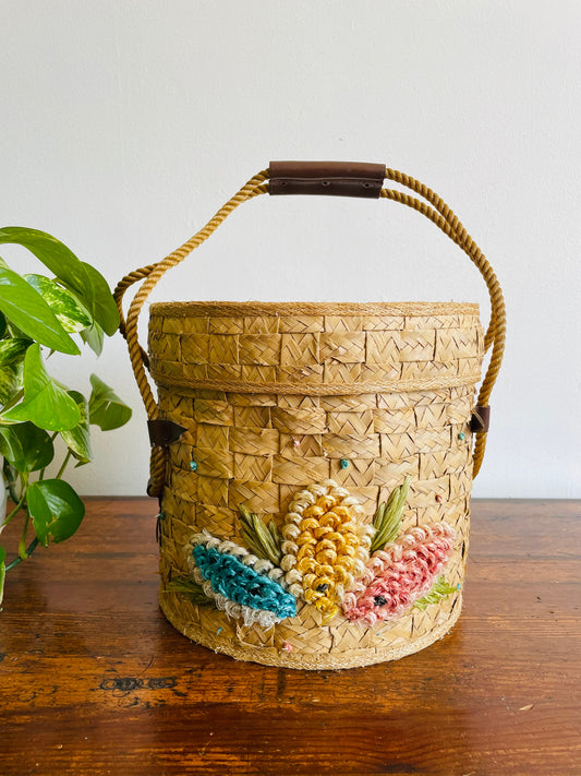 Woven Straw & Raffia Bucket Purse Basket with Lid