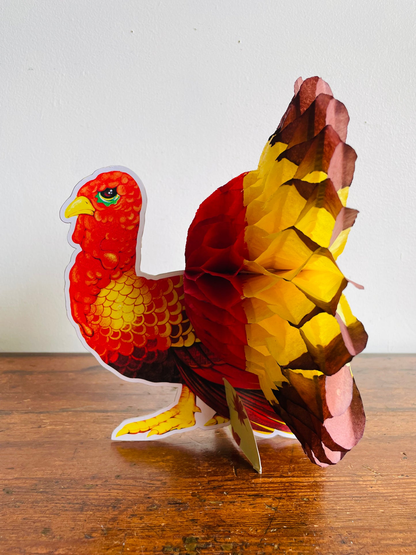 Vintage Cardboard & Tissue Paper Standing Turkey Honeycomb Decoration - Thanksgiving & Autumn Decor