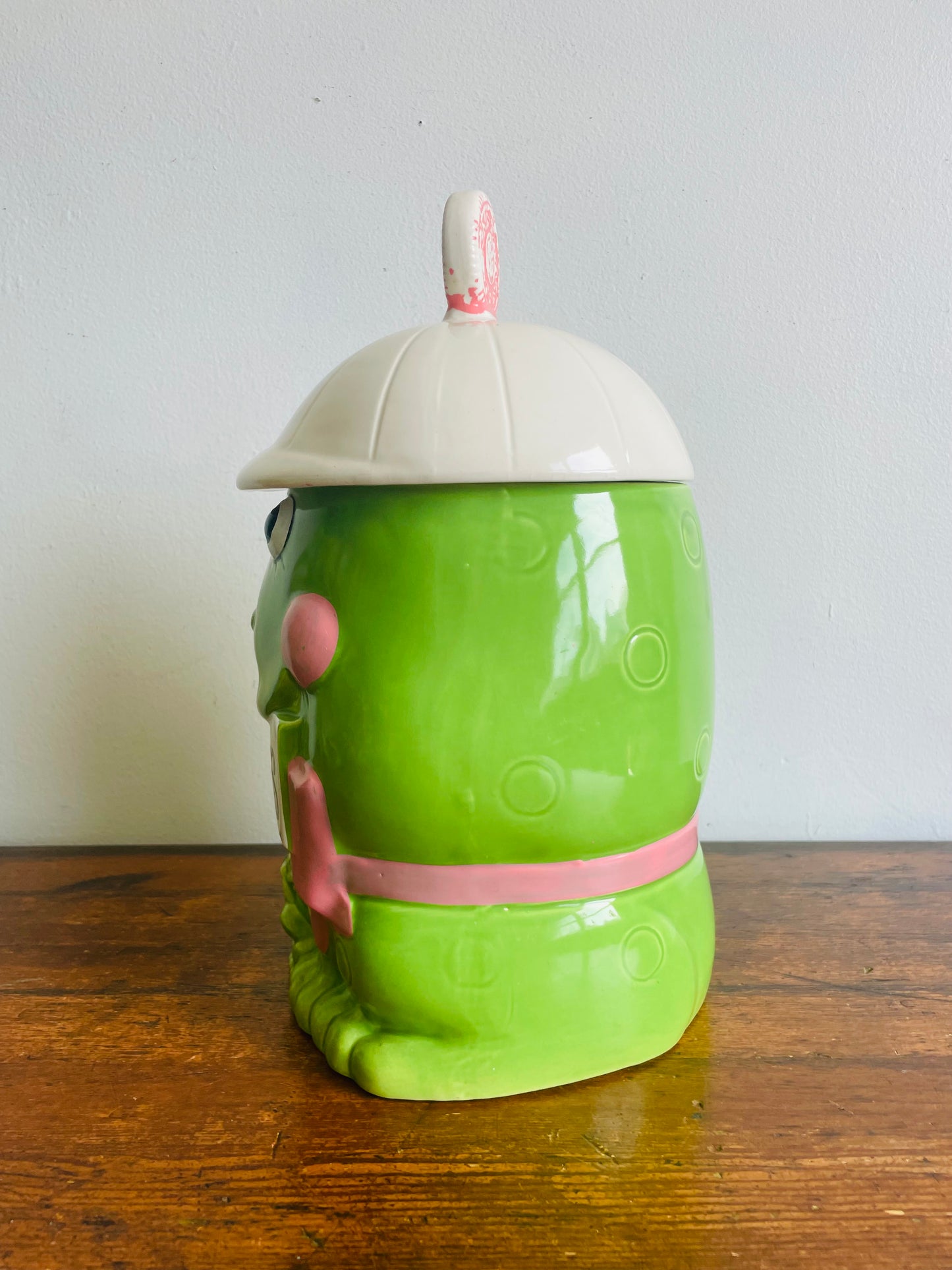 Adorable Bright Green & Pink Frog Cookie Jar - Made in Japan