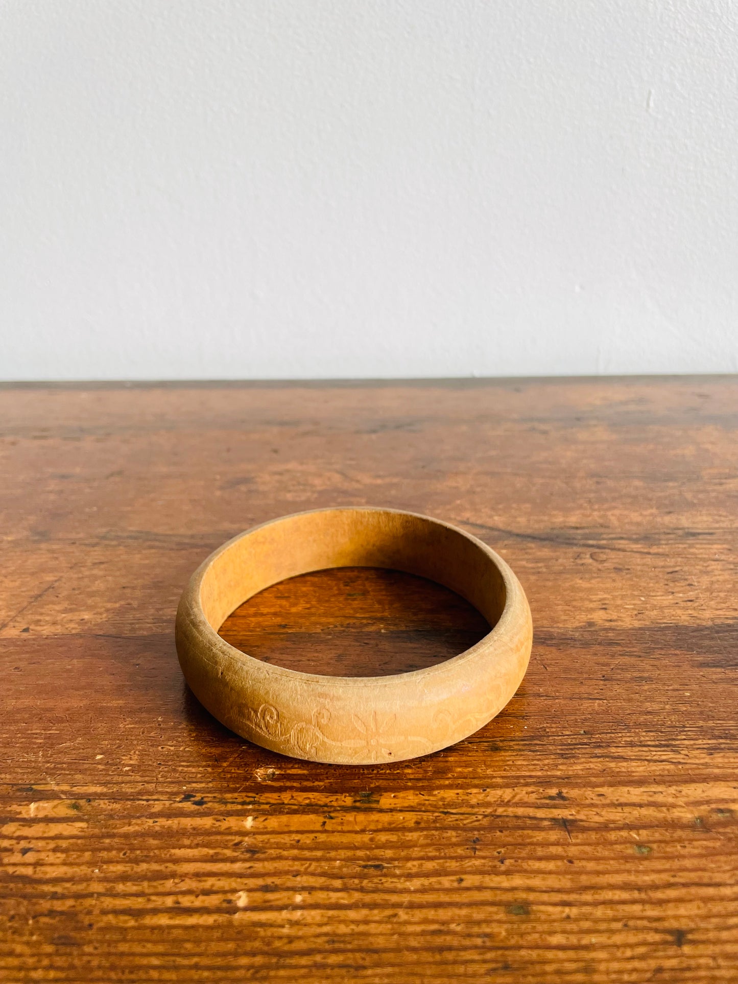 Solid Wood Bangle Bracelet with Etched Flower & Leaf Design