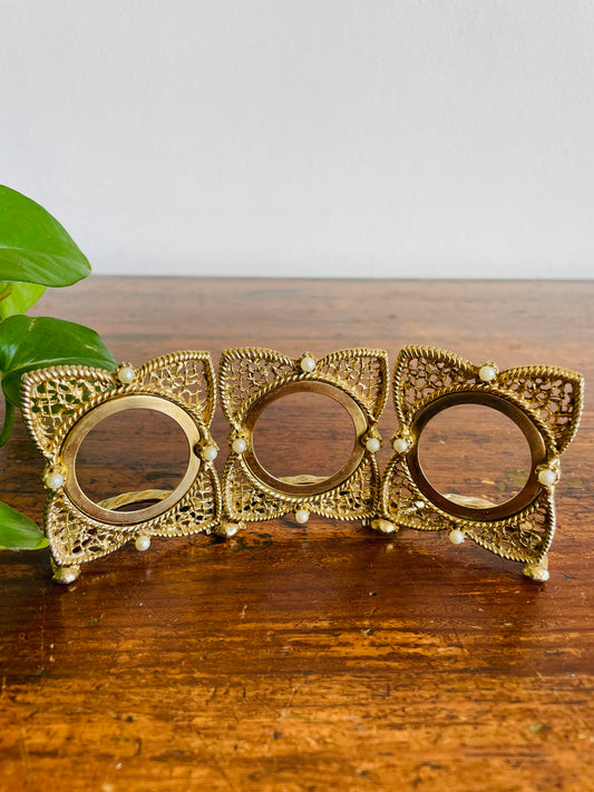 Vintage Gold Metal Openwork & Faux Pearl Triple Picture Frame - Round 1.25" Photo Size