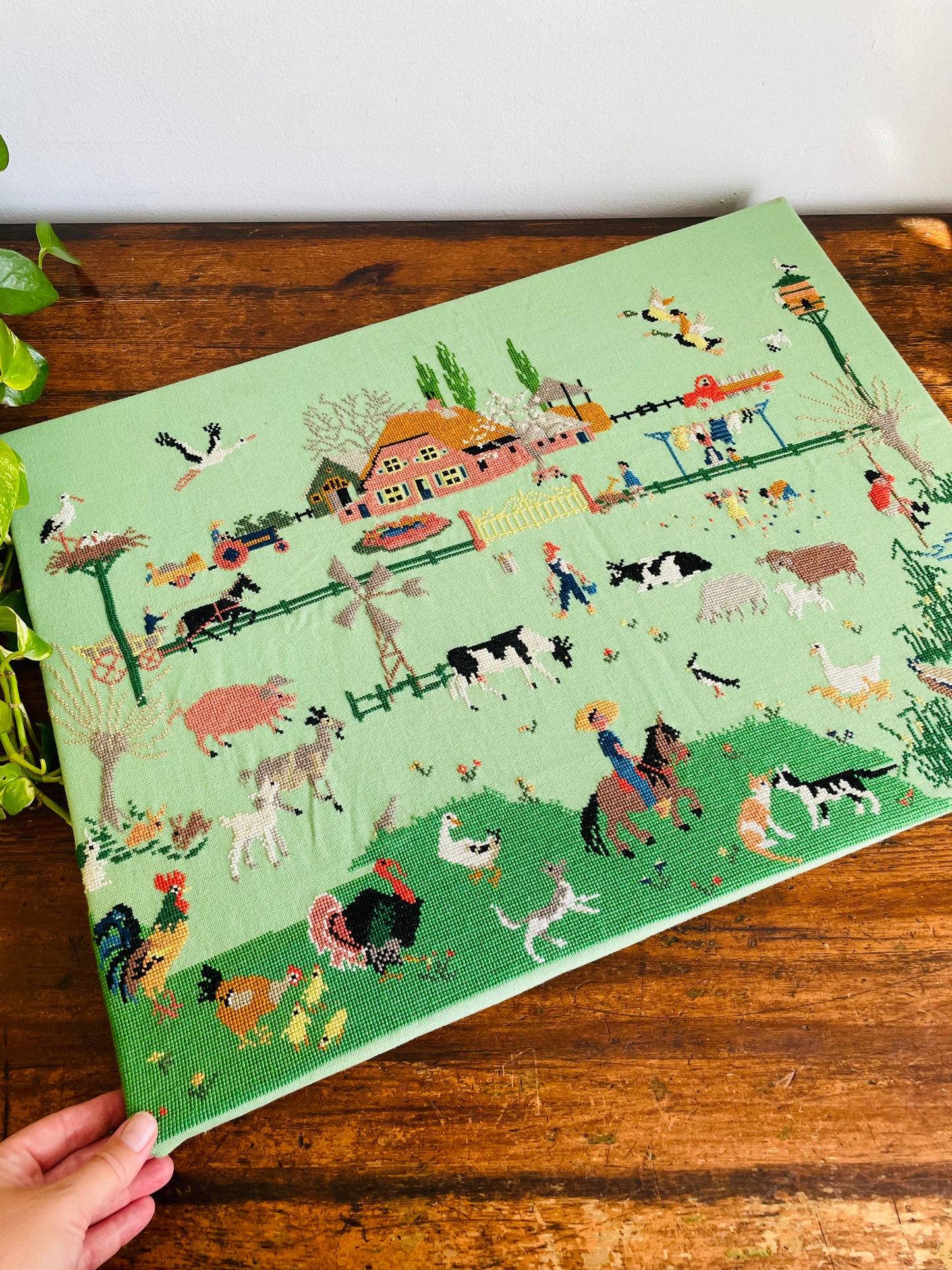 Vintage Absolutely Adorable Mies Bloch Dutch Farm Scene Needlepoint Embroidery Picture on Seafoam Green Background - 18" x 24"