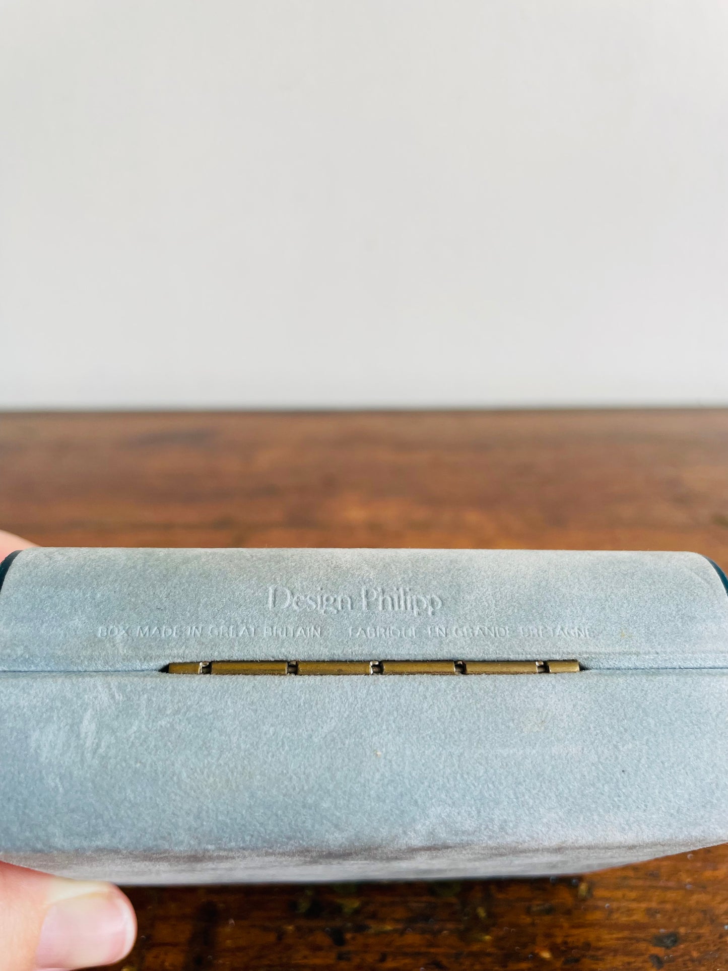 Design Philipp Hard Shell Powder Blue Velvet Jewellery Travel Case for Earrings with Rose Emblem - Has Mirror Inside & Can Hold 6 Pairs of Earrings - Made in Great Britain