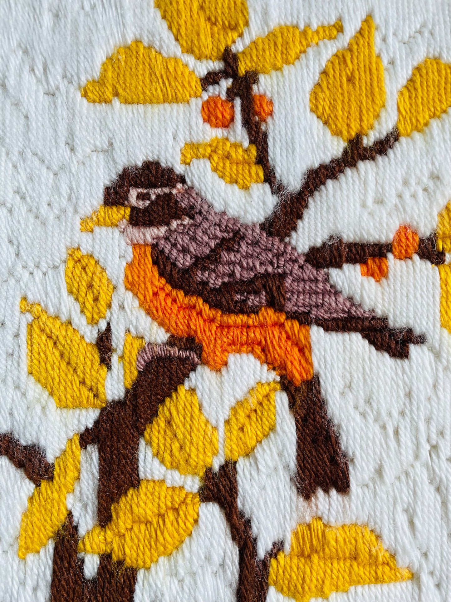 Crewel Embroidery Picture of Robin Bird in Tree