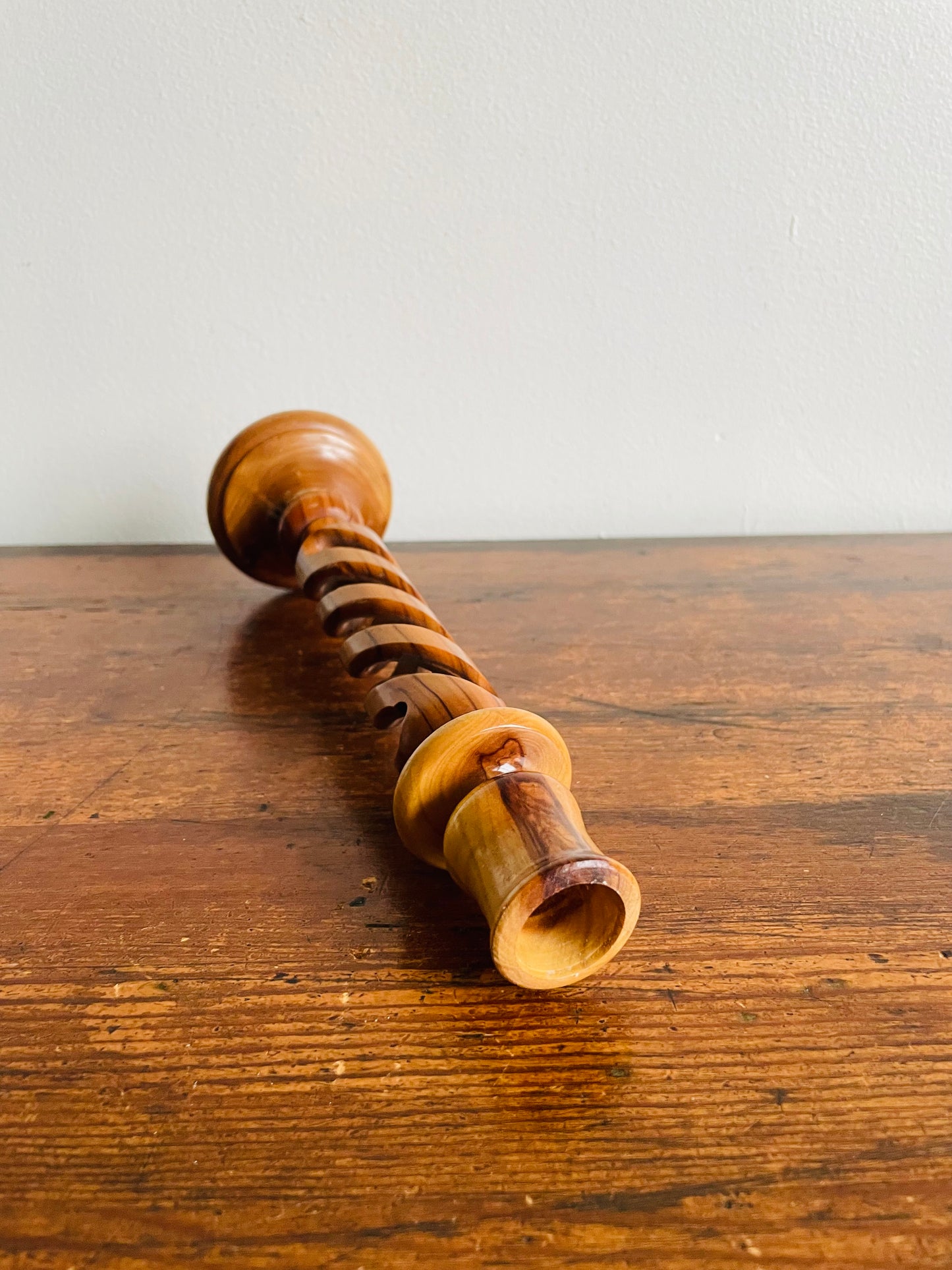 Olive Wood Twisted Spiral Candlestick Holder with Open Barley-Twist