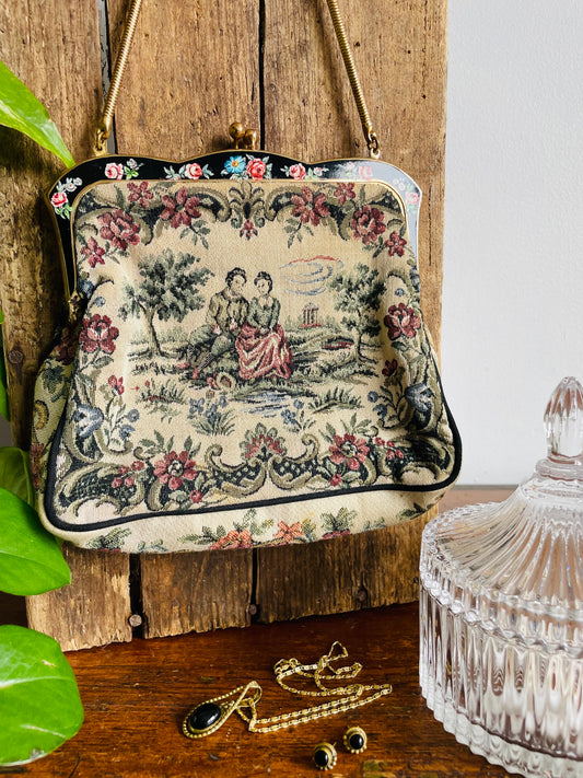 La Marquise Romantic French Tapestry Evening Bag Purse on Brass Chain