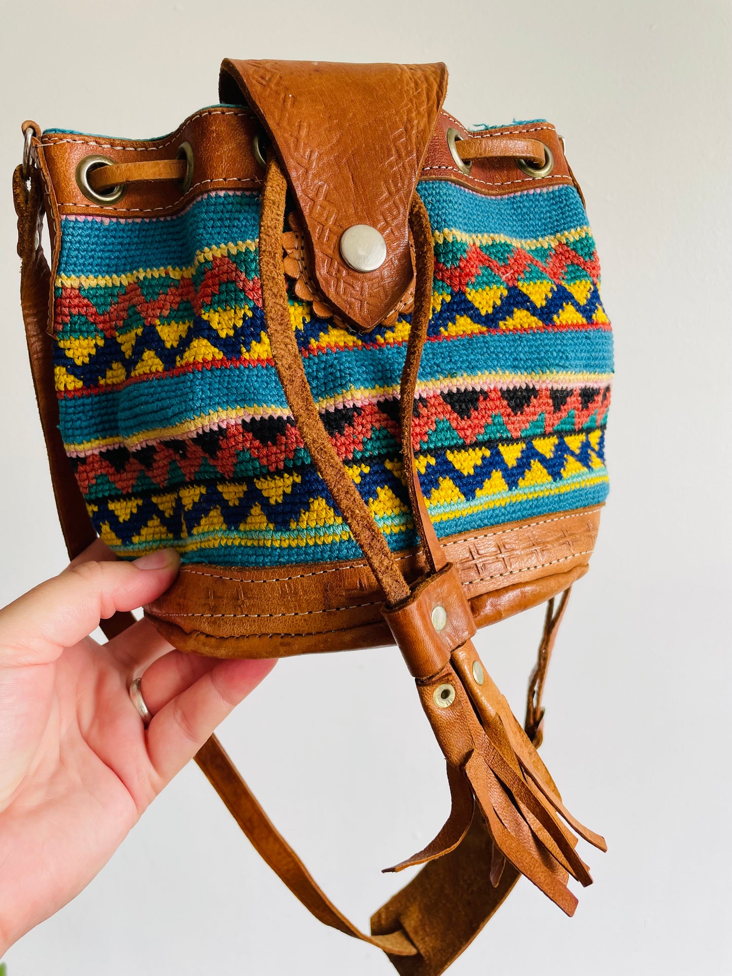 Tooled Leather & Brightly Woven Tapestry Fabric Purse