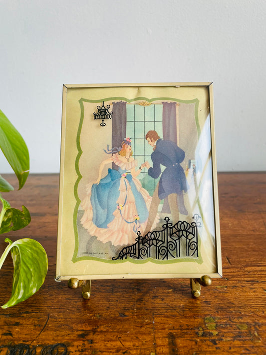 Mini Copr. S. Colef Reverse Painted Silhouette Lithograph Picture on Convex Bubble Glass - Courting Couple Greeting