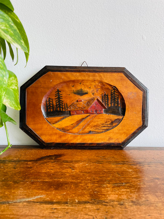 Red Cabin in Forest Picture - Carved from a Single Piece of Wood