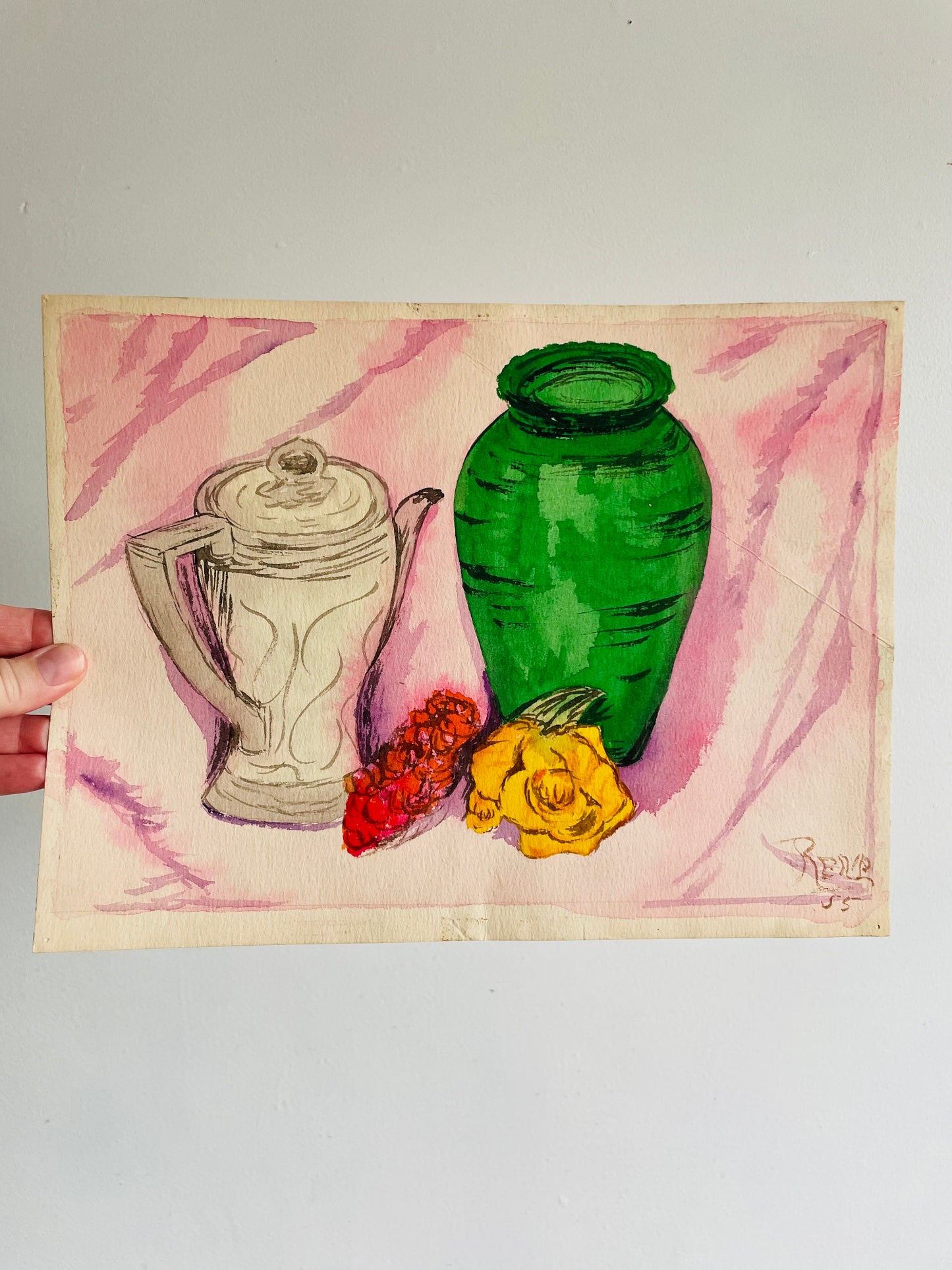 1955 Original Art Watercolour Still Life Painting on Paper - Signed Rene