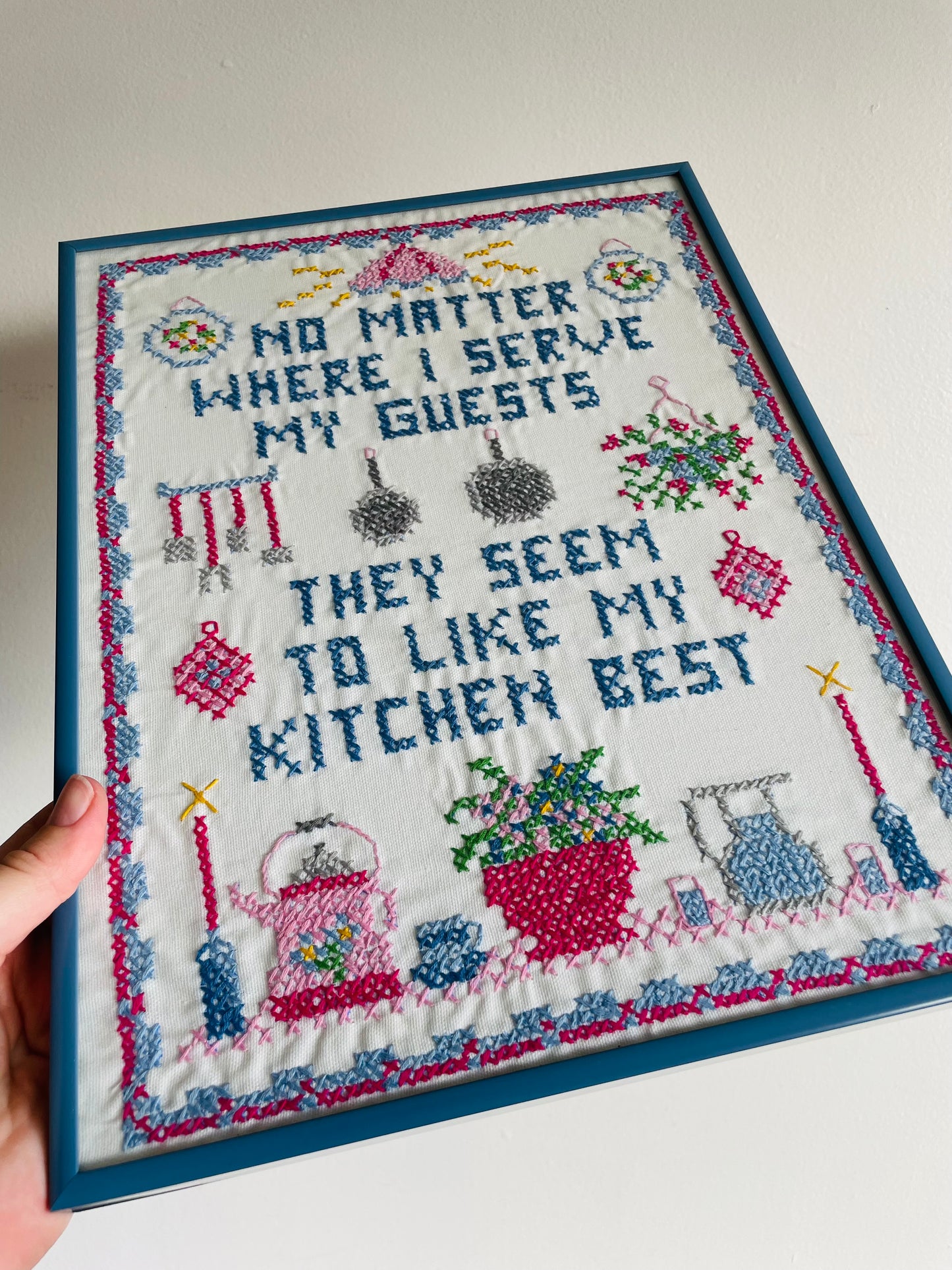 No Matter Where I Serve My Guests They Seem to Like My Kitchen Best - Adorable & Bright Cross Stitch Embroidery Picture