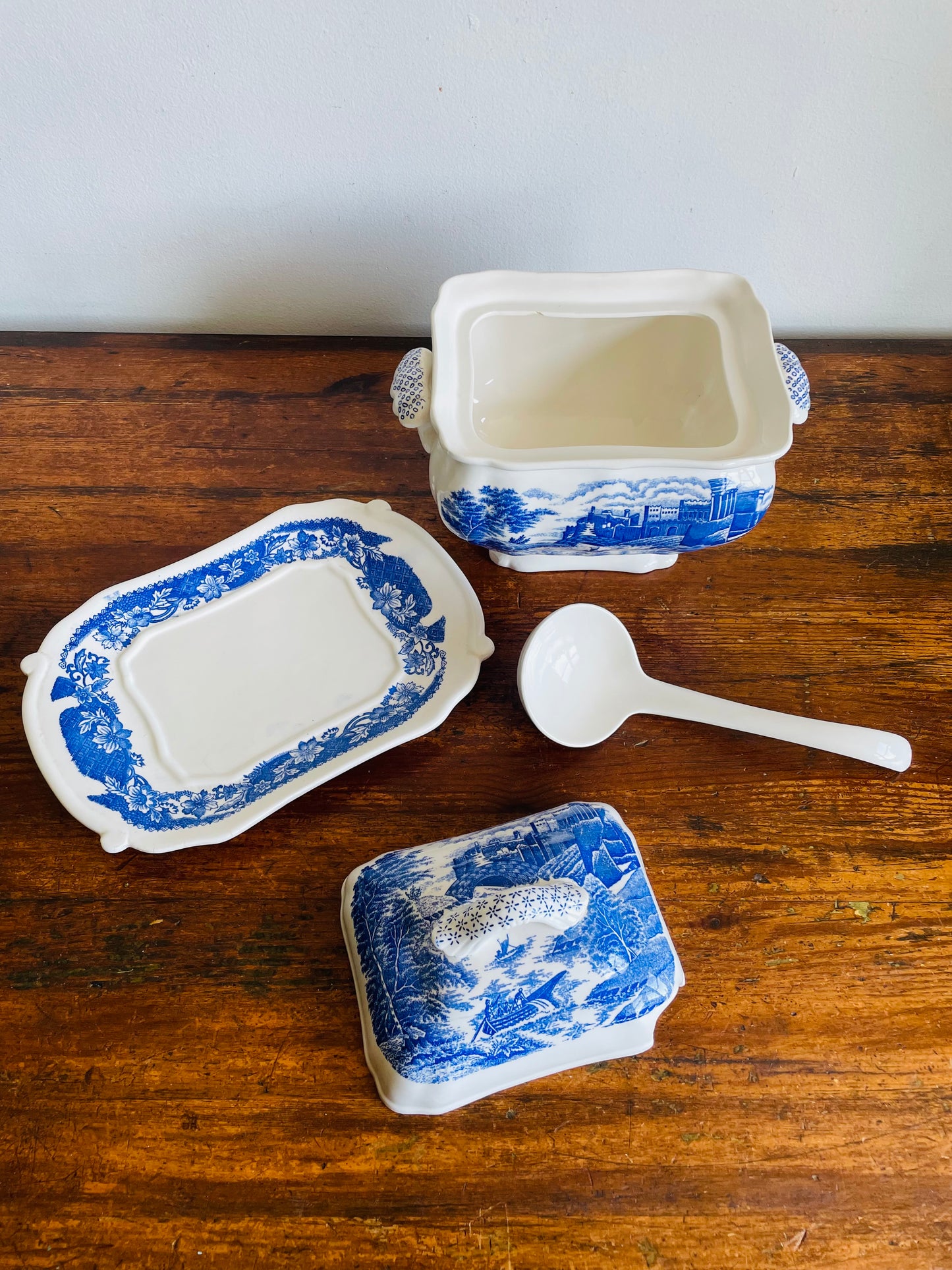 Vintage Large Blue & White Transferware Soup Tureen with Tray, Lid & Ladle with River Castle Scene - 4 Pieces