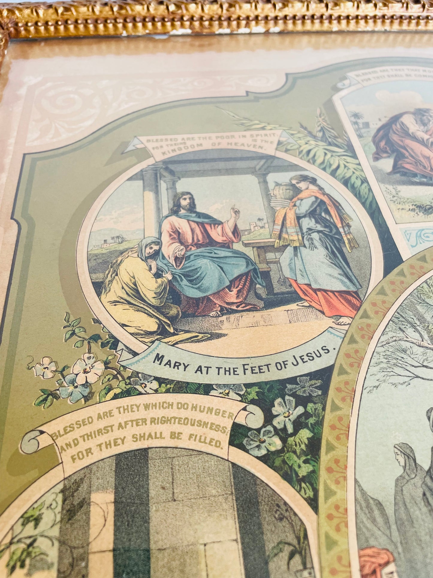 Antique 1800s The Beatitudes Chromolithograph with Bible Pictures Religious Print Picture by Martin Yauch (1882) - Found at Alberton Presbyterian Church - Once Owned by David Richardson from Ancaster, Ontario