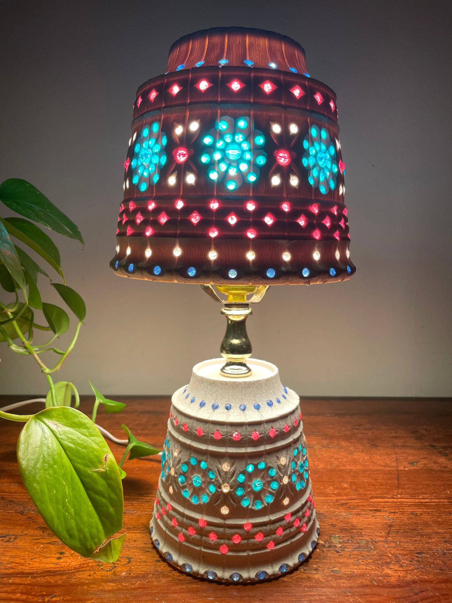 MCM Plastic Lawnware Table Lamp with Brightly Coloured Beads - Pink, Blue & Clear