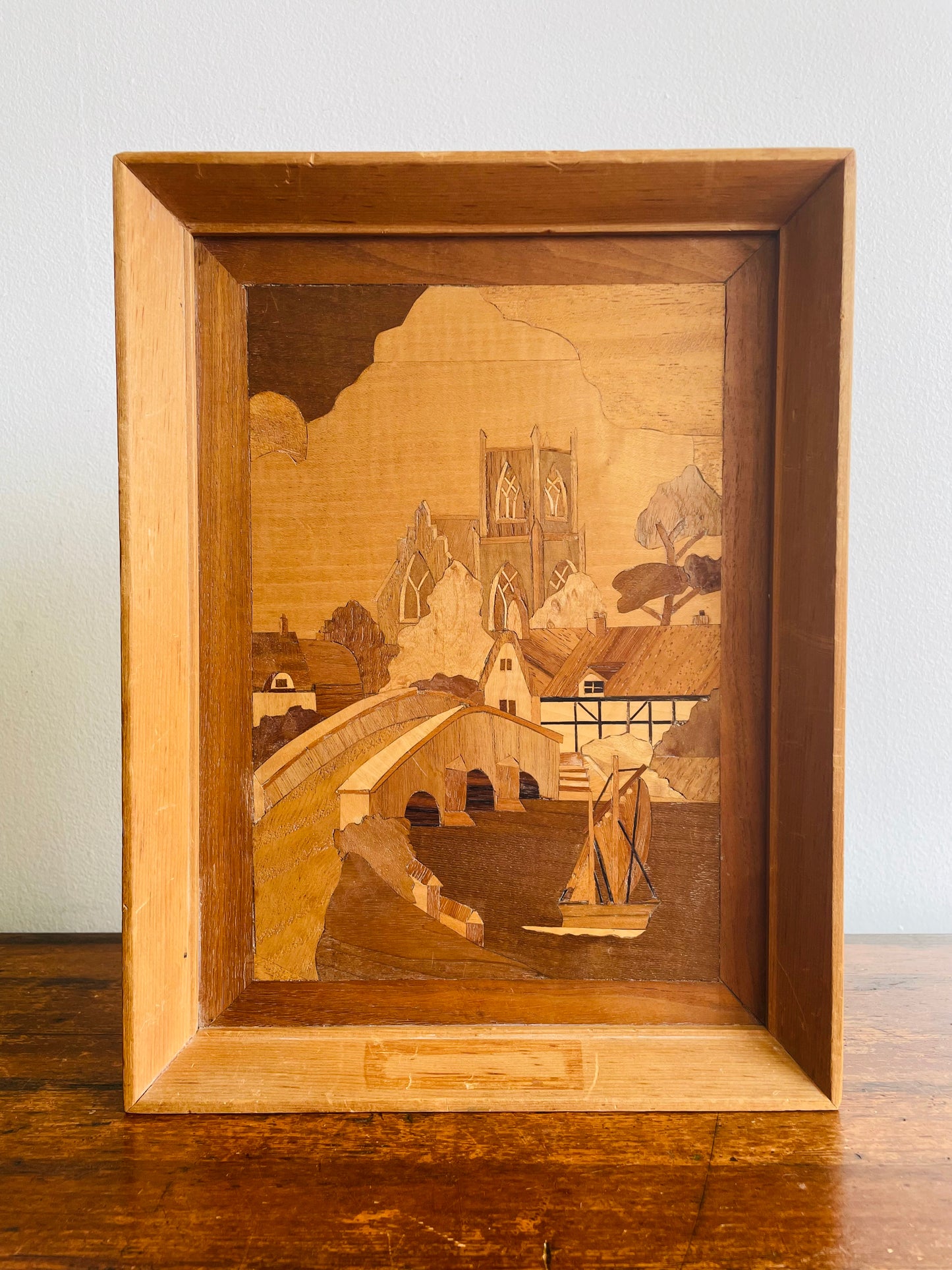 Handmade Framed Inlaid Wood Marquetry Picture - The Village Church by Harold Hurst