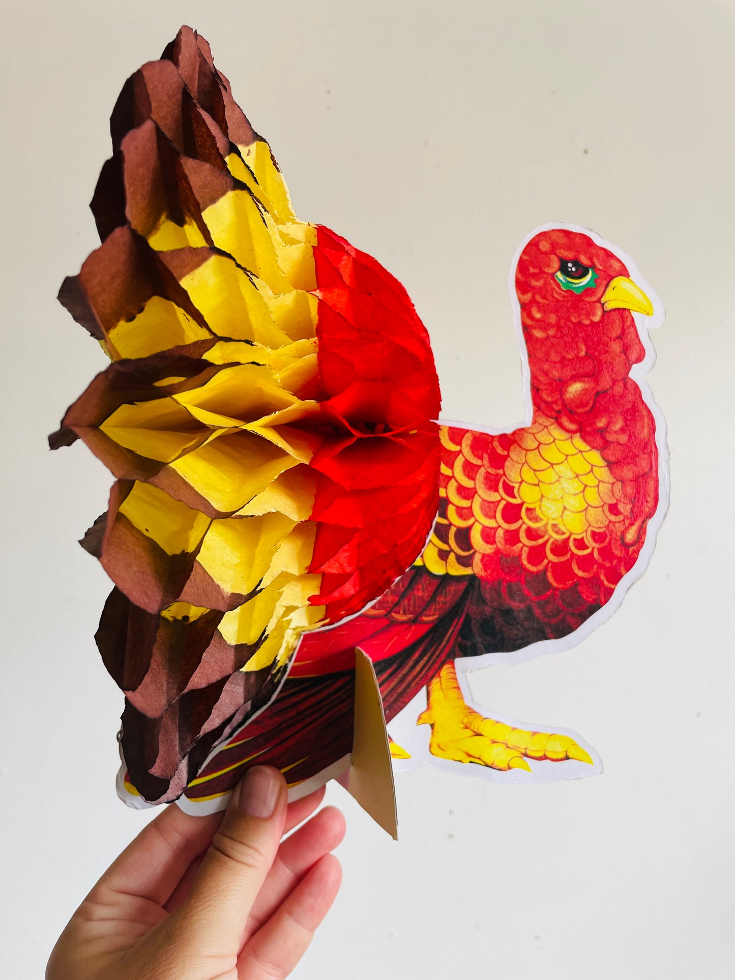 Vintage Cardboard & Tissue Paper Standing Turkey Honeycomb Decoration - Thanksgiving & Autumn Decor
