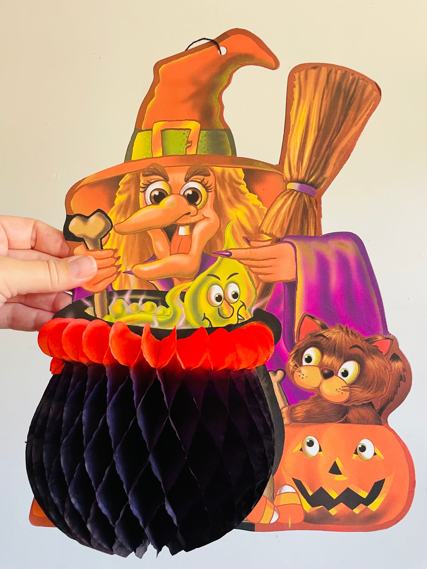 Vintage Cardboard & Tissue Honeycomb Halloween Decoration with Witch & Cauldron #1