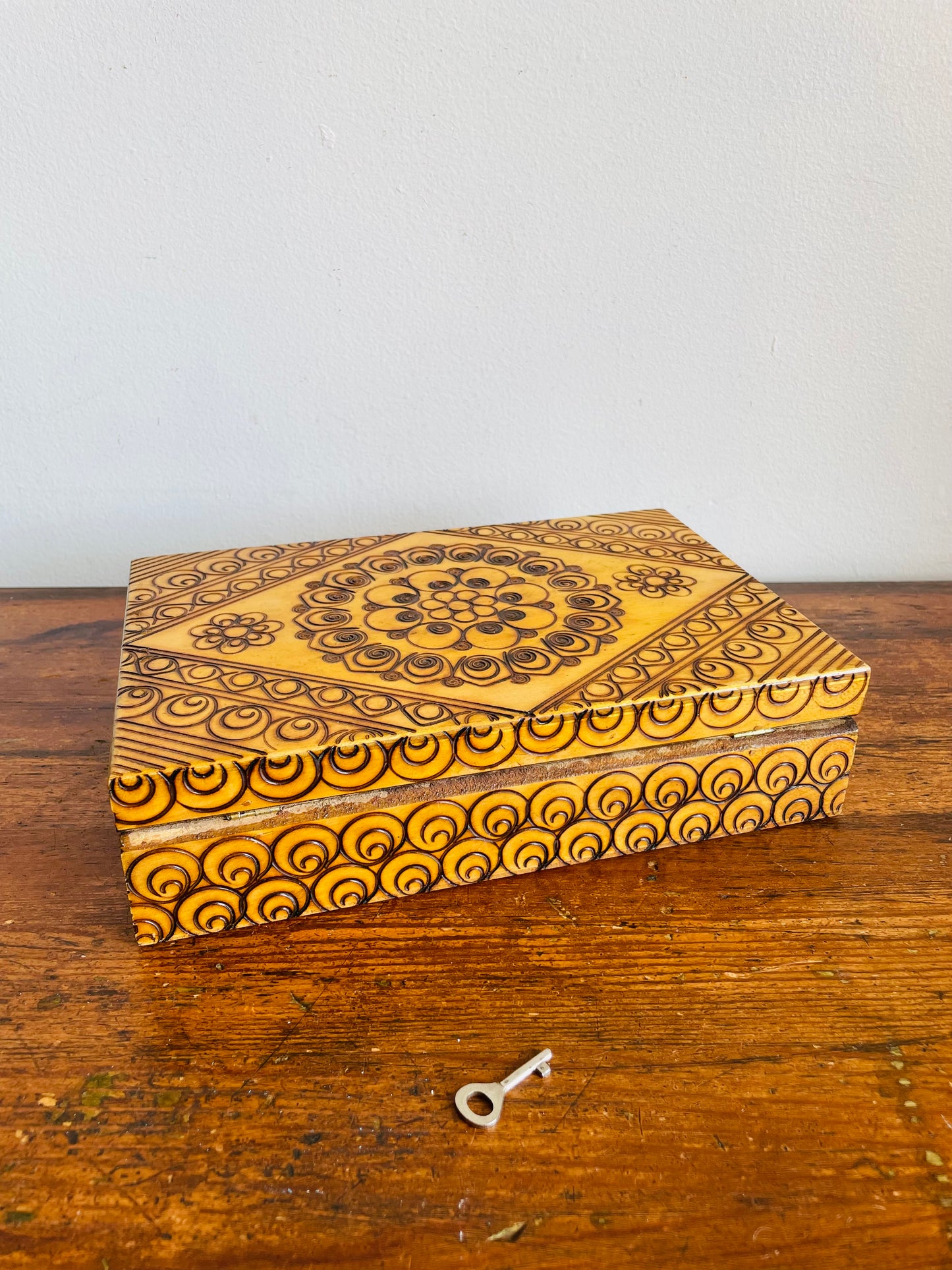 Vintage Polish Carved Wood & Pyrography Burned Folk Art Box - Has Hinged Lid & Skeleton Key to Lock