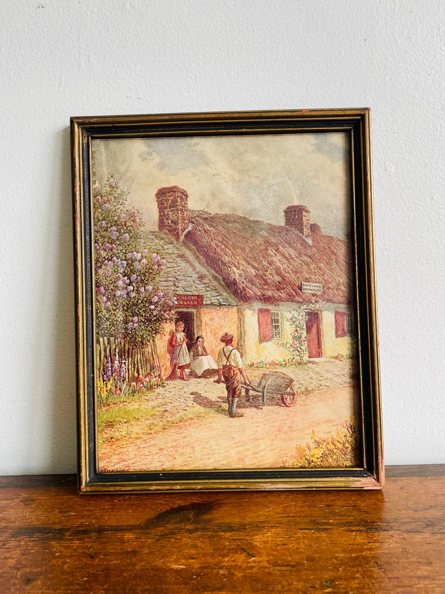 1930s Print Picture of Thatched Roof Cottage Village Scene - "Old Scotia's Shrine - The Burns"