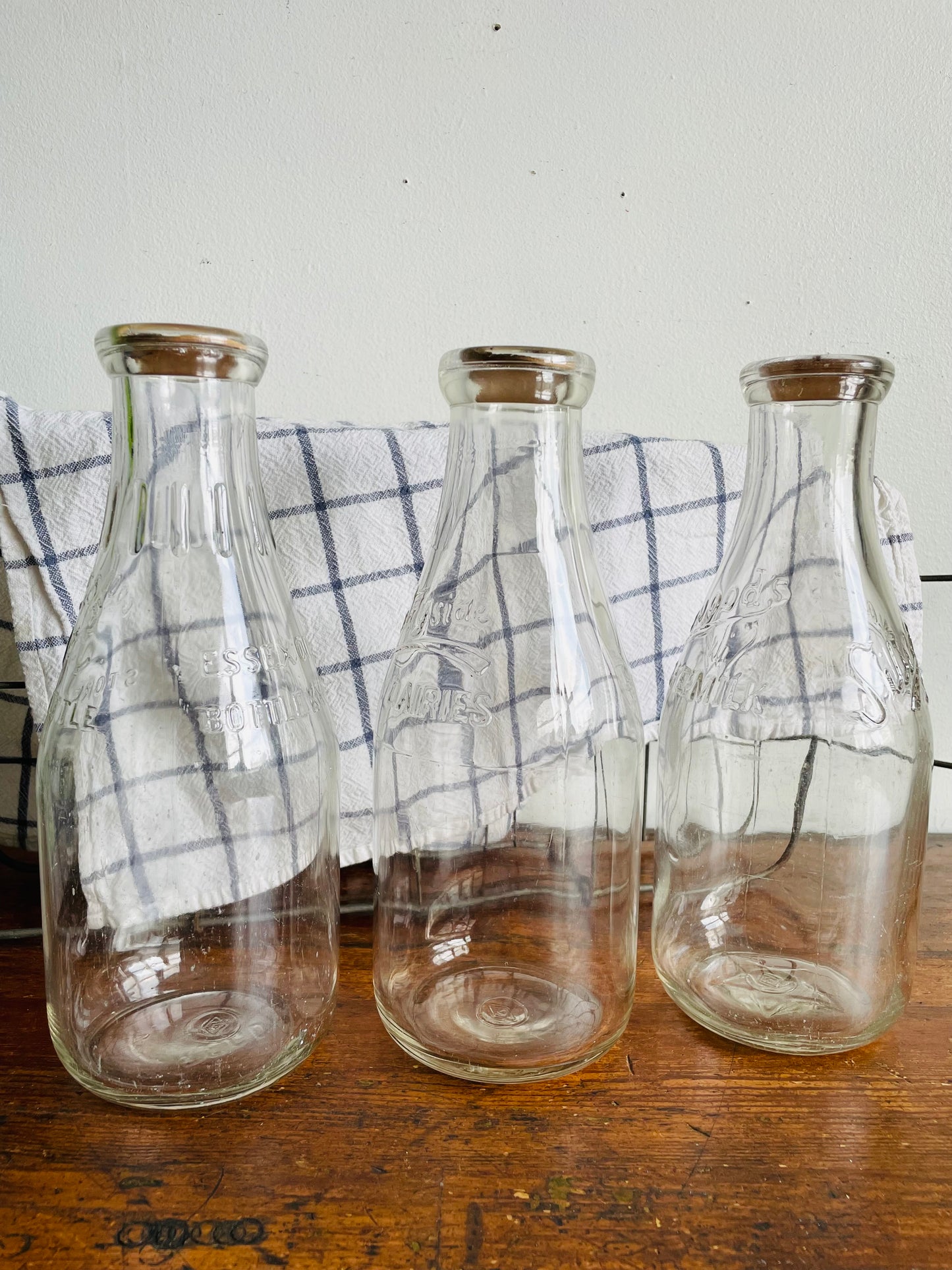 Vintage Metal Milk Bottle Caddy Carrier with Handles & Three Glass Milk Bottles with Cardboard Bottle Caps