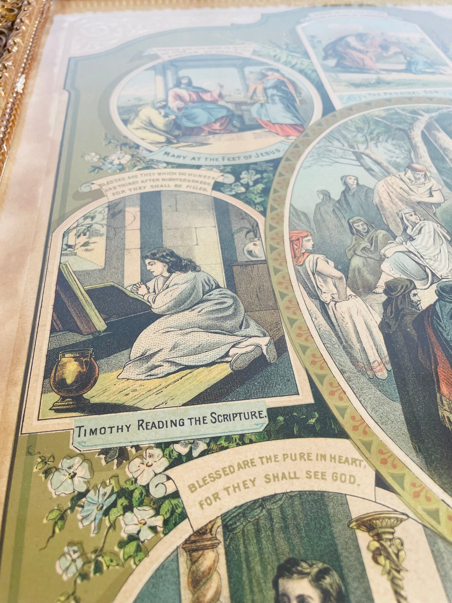 Antique 1800s The Beatitudes Chromolithograph with Bible Pictures Religious Print Picture by Martin Yauch (1882) - Found at Alberton Presbyterian Church - Once Owned by David Richardson from Ancaster, Ontario