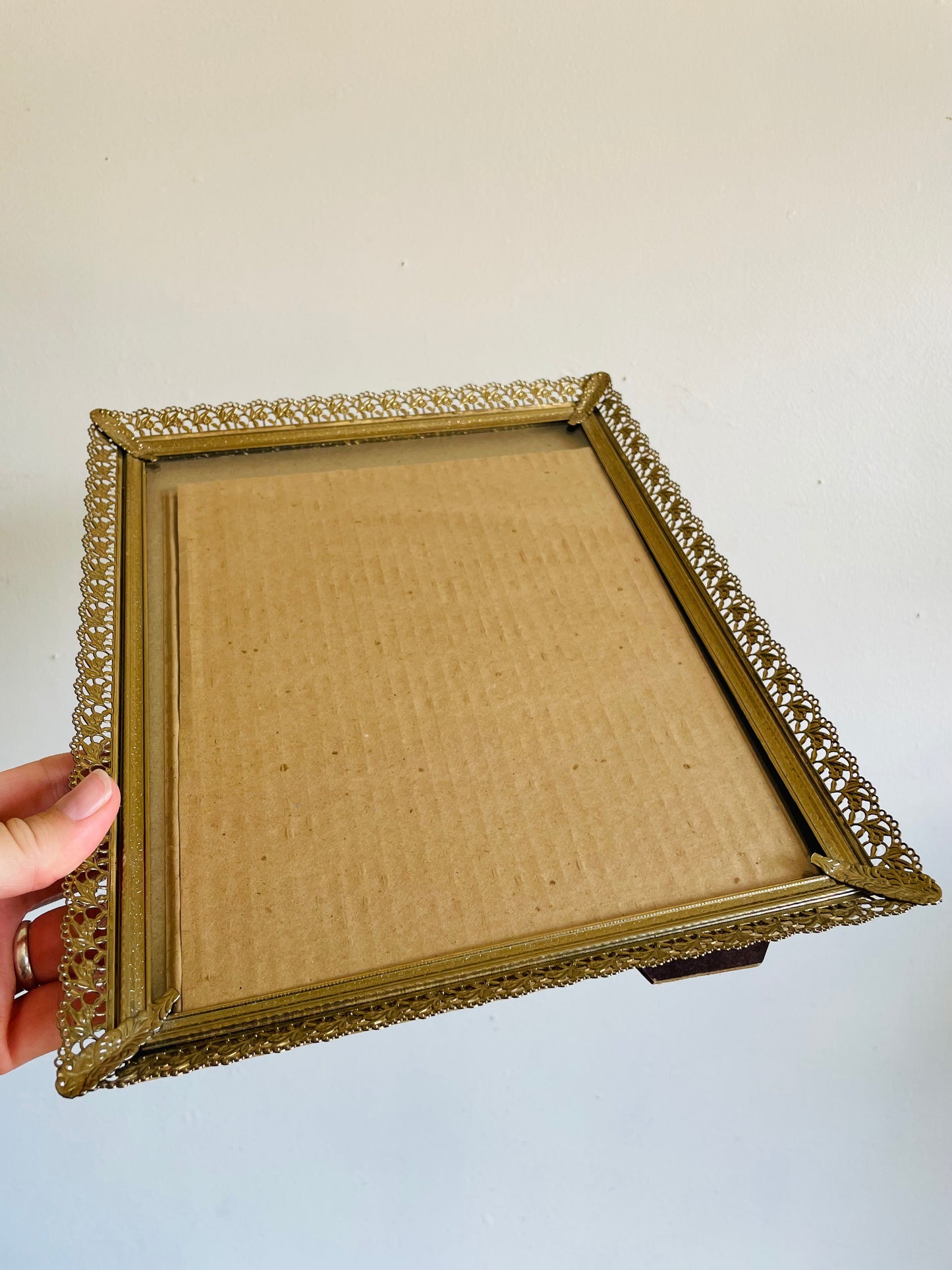 Vintage Brass Floral Filigree Picture Frame with Easel Prop or Wall Hook to Hang Vertically - 7.5" x 9.5" Photo Size