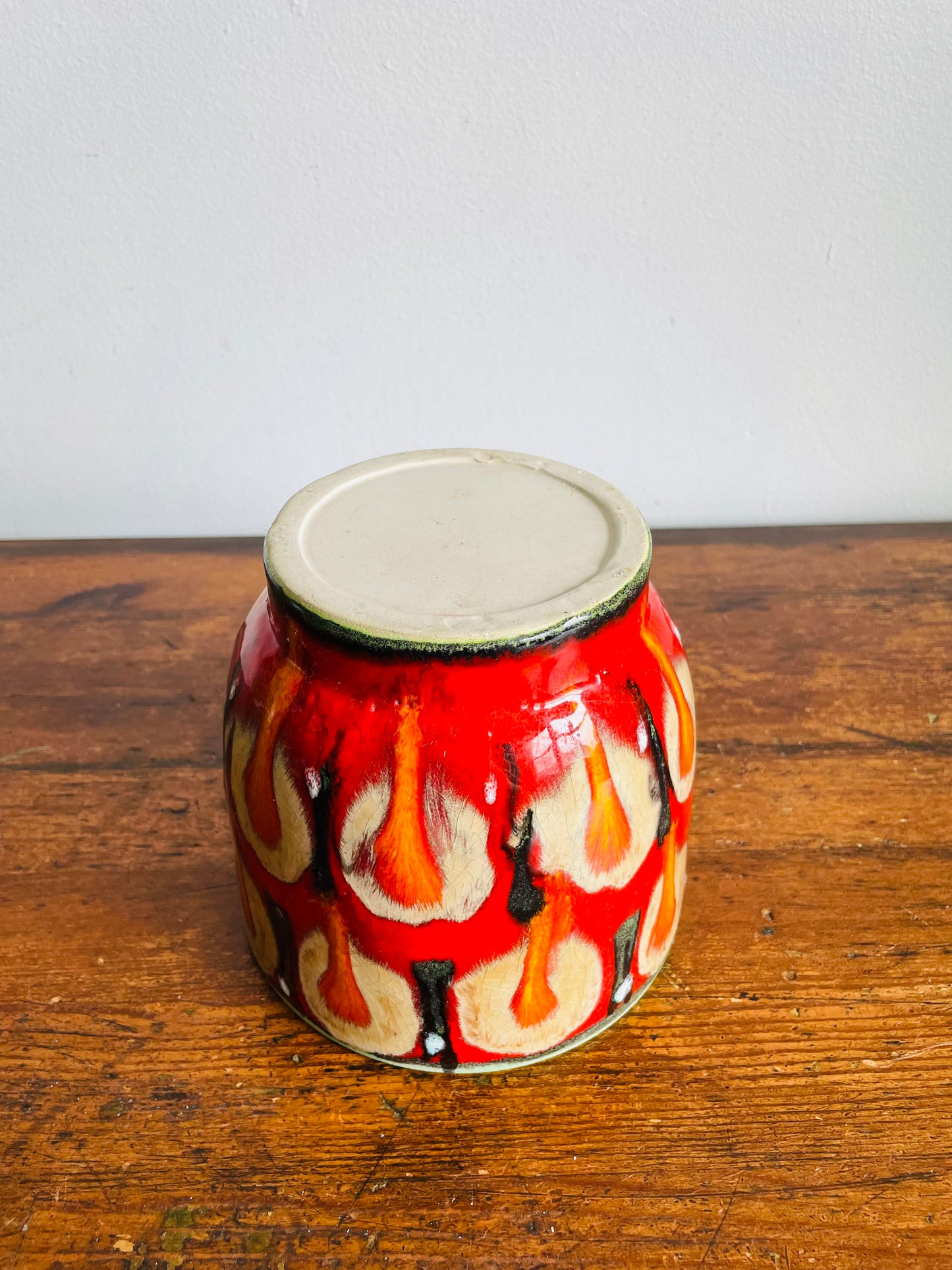 Vintage Bright Red 5" Planter Pot with Orange & Brown Drippy Design