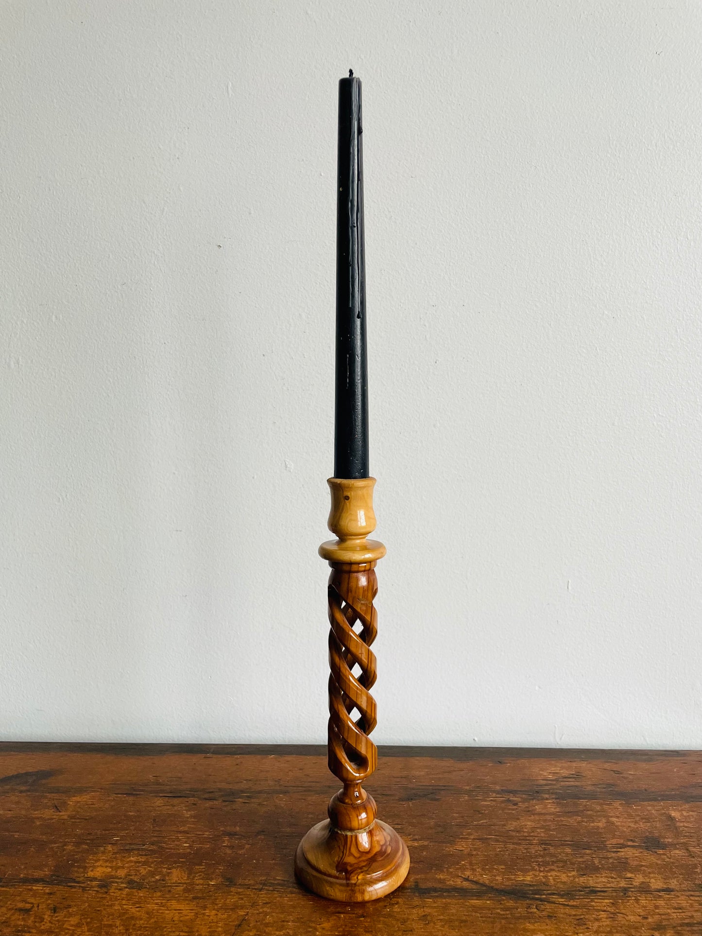 Olive Wood Twisted Spiral Candlestick Holder with Open Barley-Twist