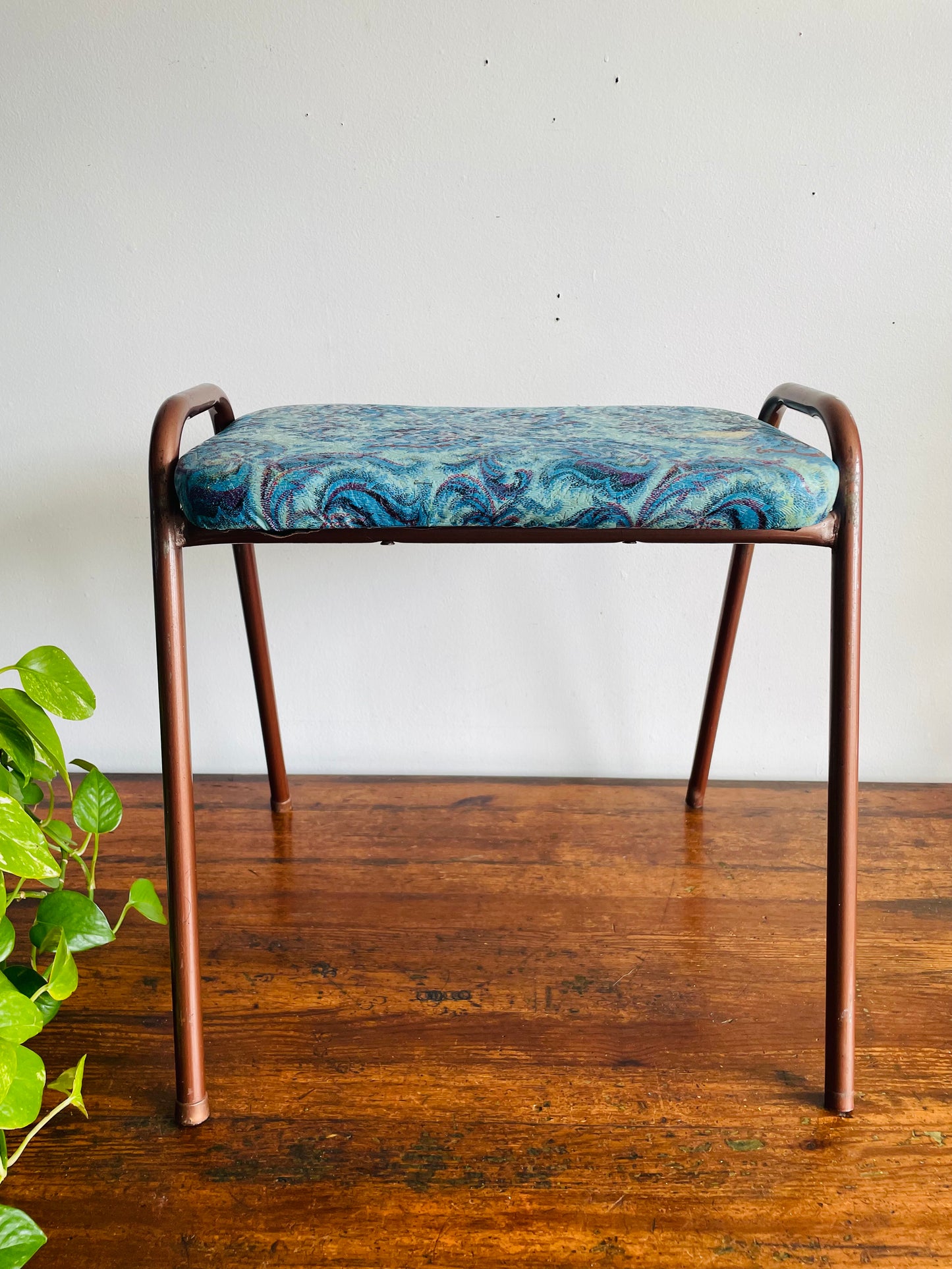 Vintage 1968 Perfect Chrome Furniture Co. Stackable Stool Chair with Vinyl Cushion - Blue Floral Pattern #2 - Made in Toronto