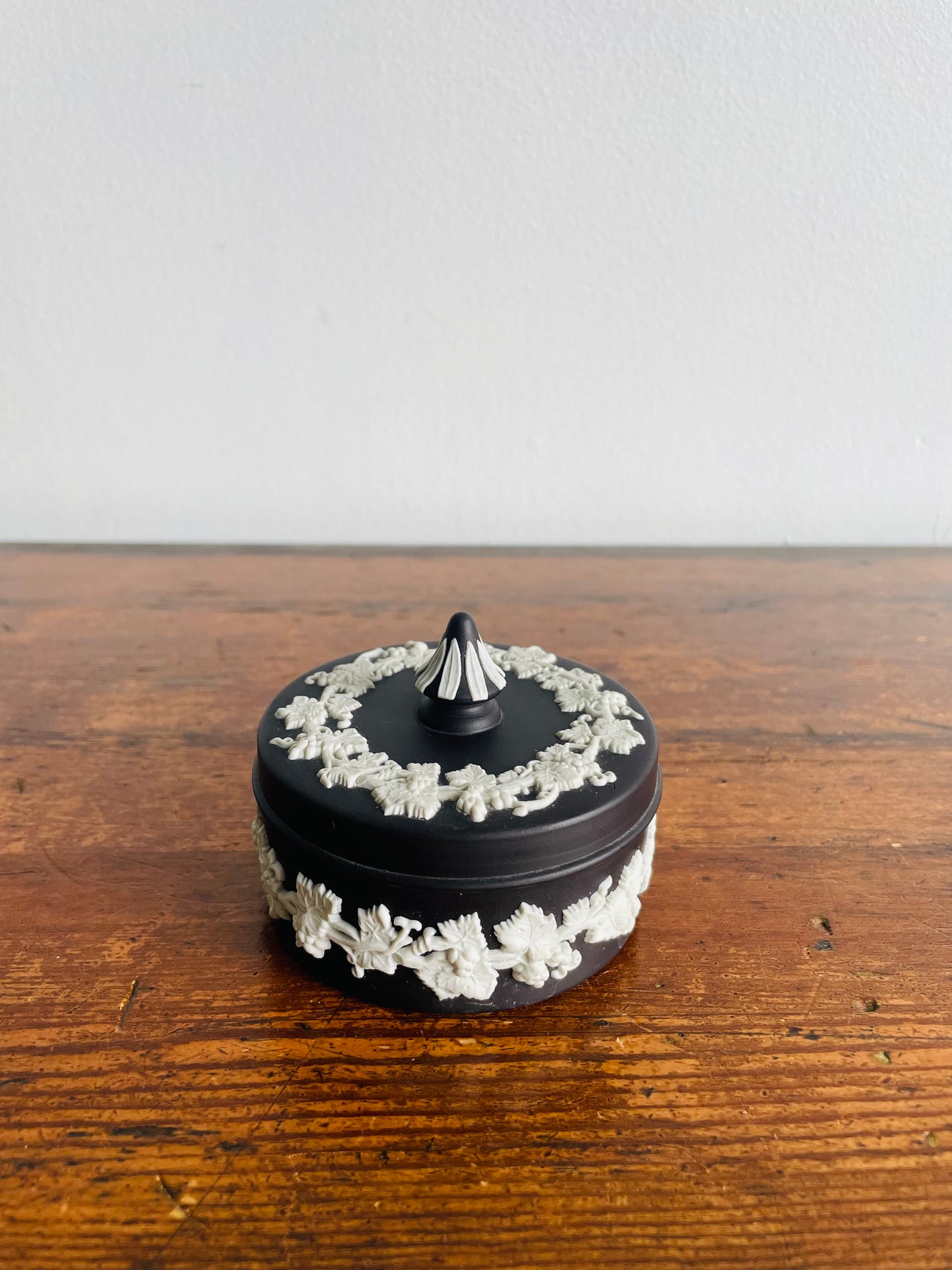 Black Jasperware Wedgwood Round Trinket Dish with Lid - Made in England