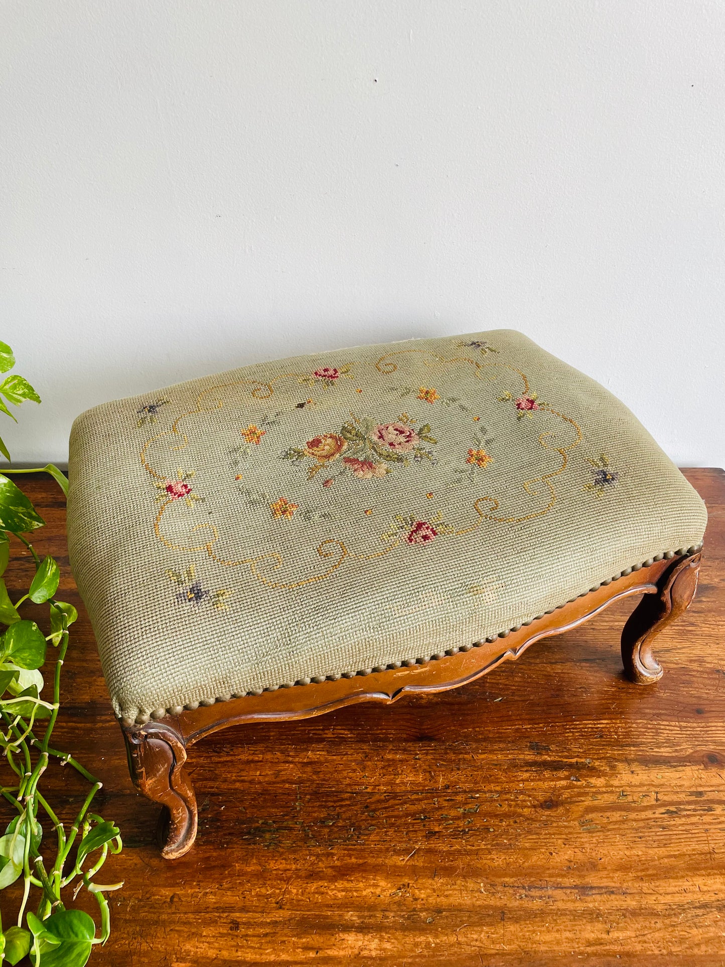 Antique Victorian Solid Wood & Floral Needlepoint Embroidery Footstool