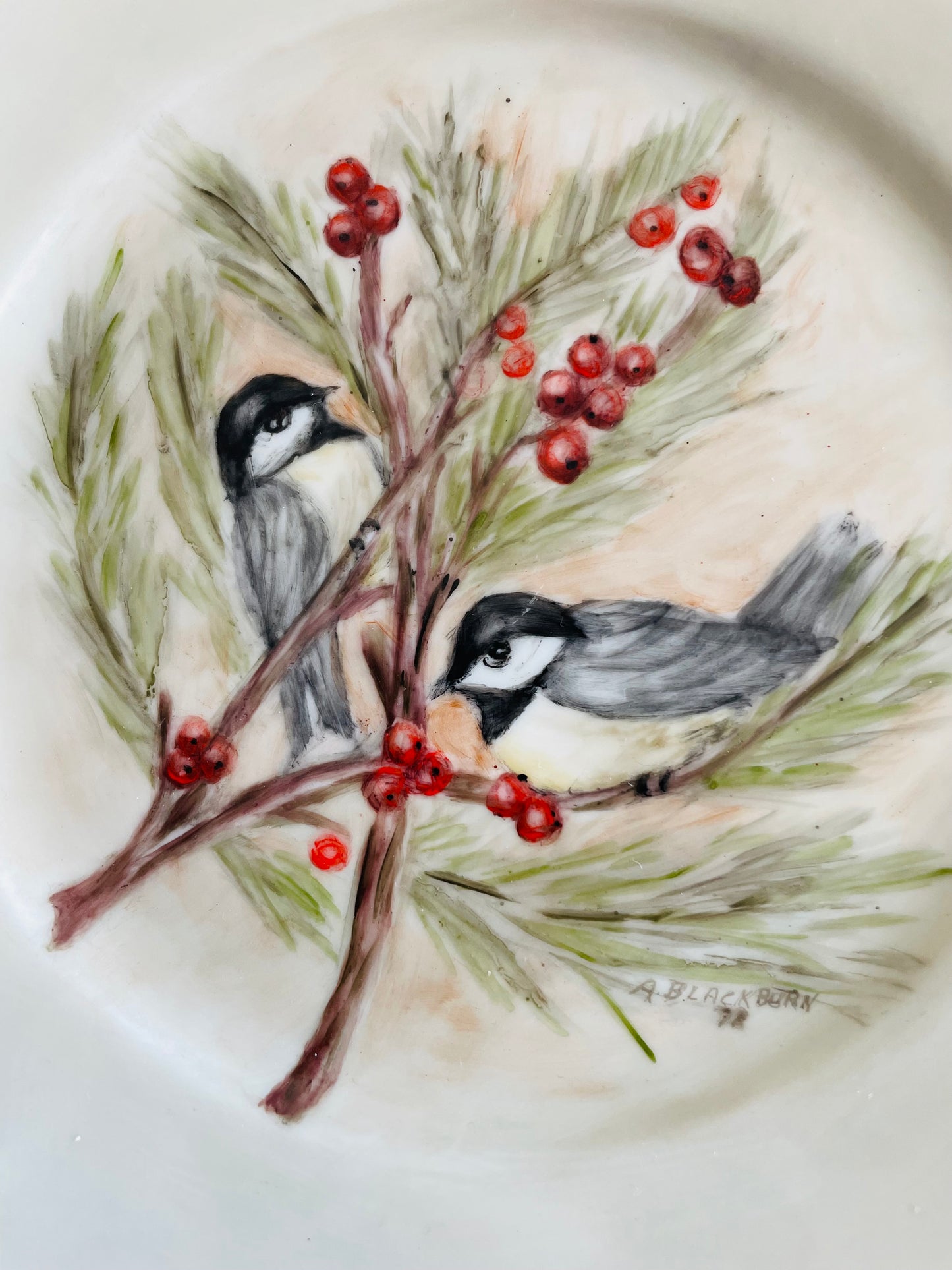 Edelstein Bavaria Maria-Theresia Germany Plate - Hand Painted with Chickadee Bird Winter Scene by A. Blackburn in 1978