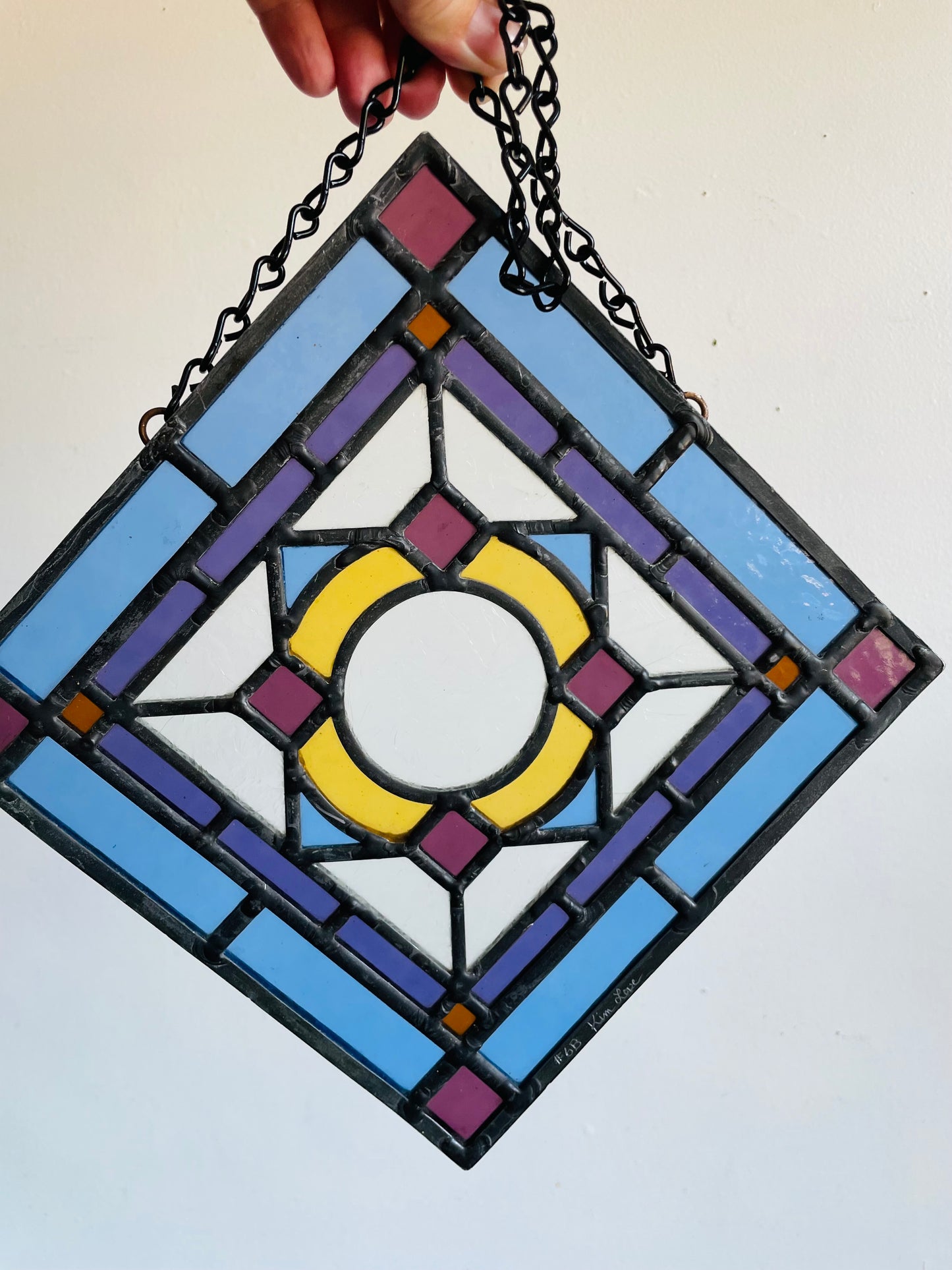 Vintage Hanging Blue, Purple & Yellow Stained Glass Suncatcher Window Decor