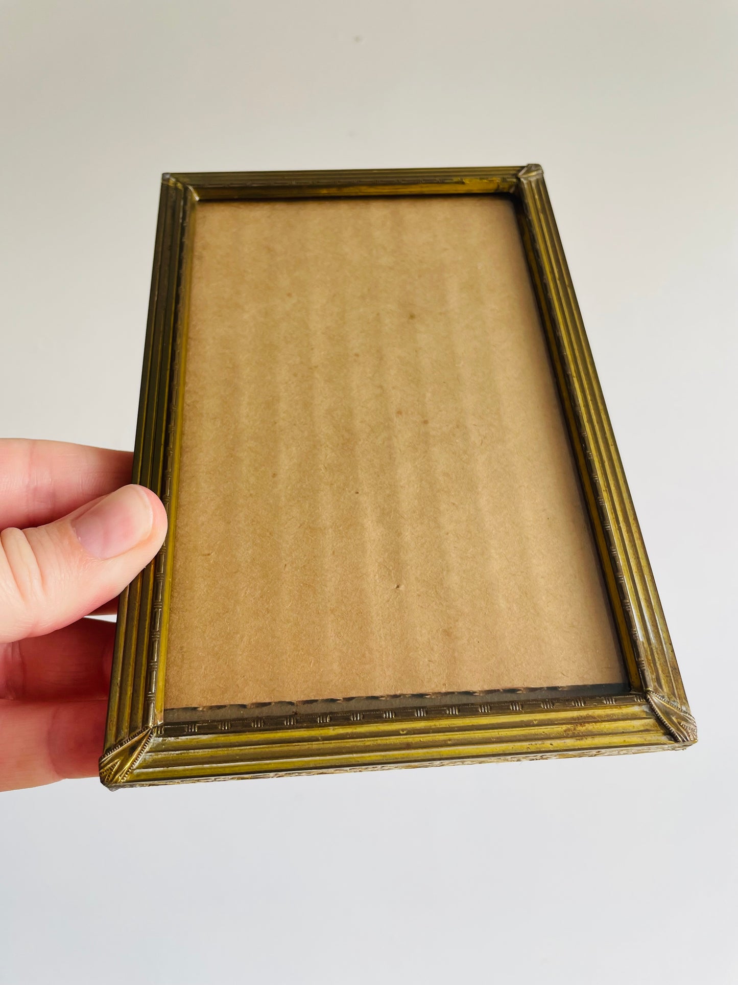 Aged Patina Brass Picture Frame with Etched Details - Easel Prop for Standing - 3.25" by 5.25" Photo Size