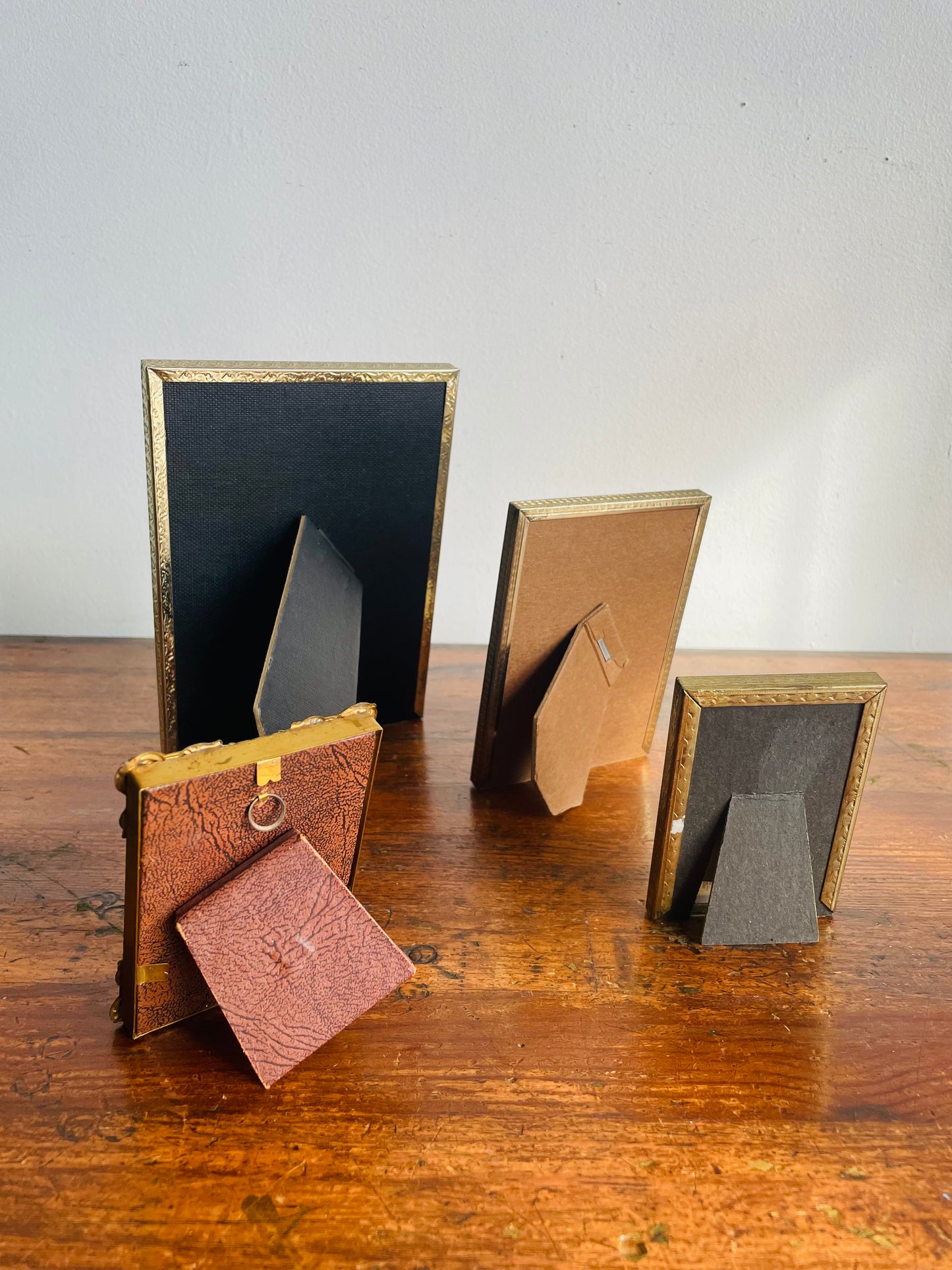 Vintage Collection of Brass Picture Frames with Easel Backs - Set of 4 - One Also Has Hook for Hanging