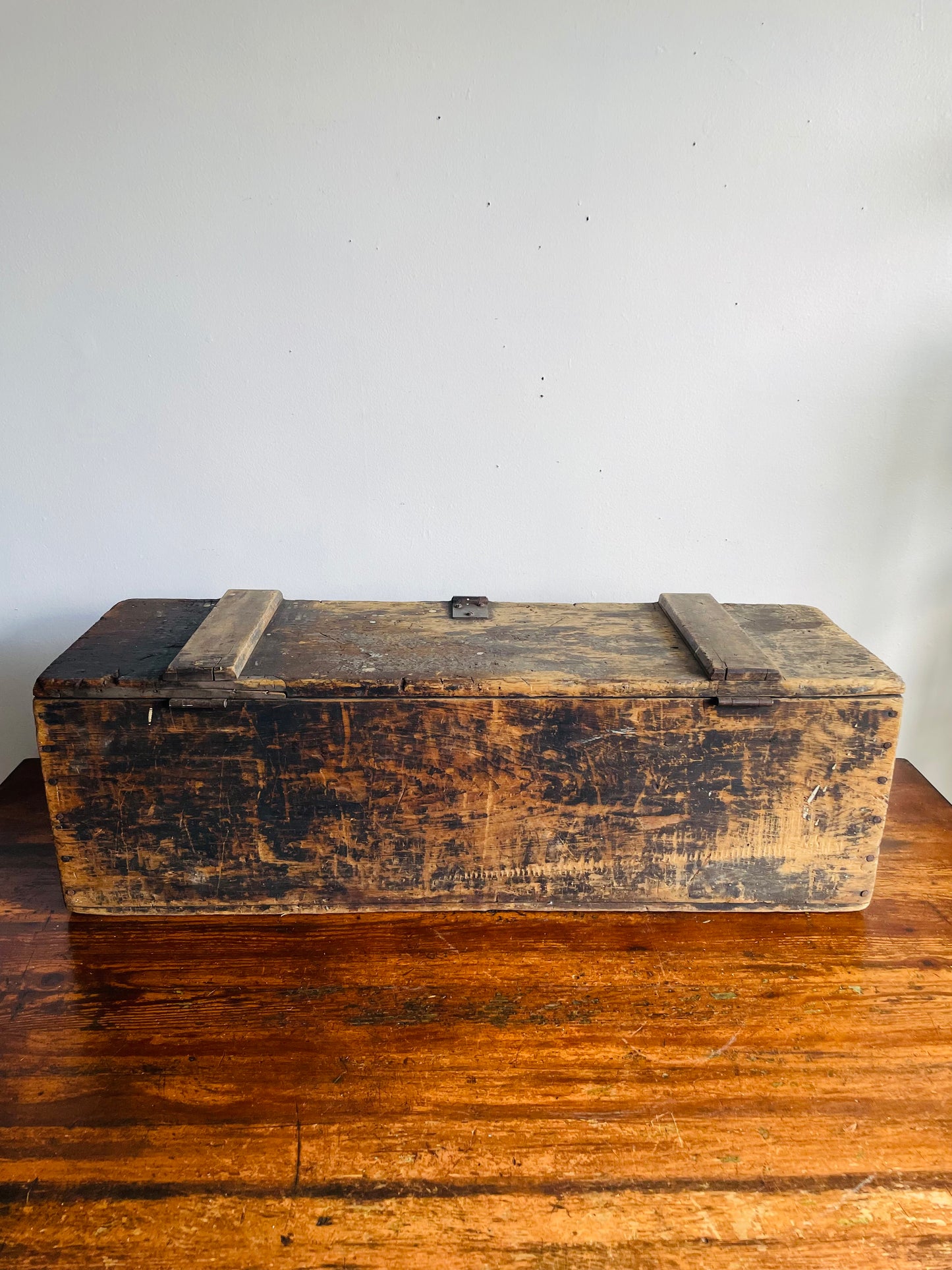 Vintage Solid & Rustic Wood Box Trunk with Beautiful Aged Patina, Metal Latch to Close, Hinged Lid & Leather Handles - Great Indoor or Outdoor Porch Decor!