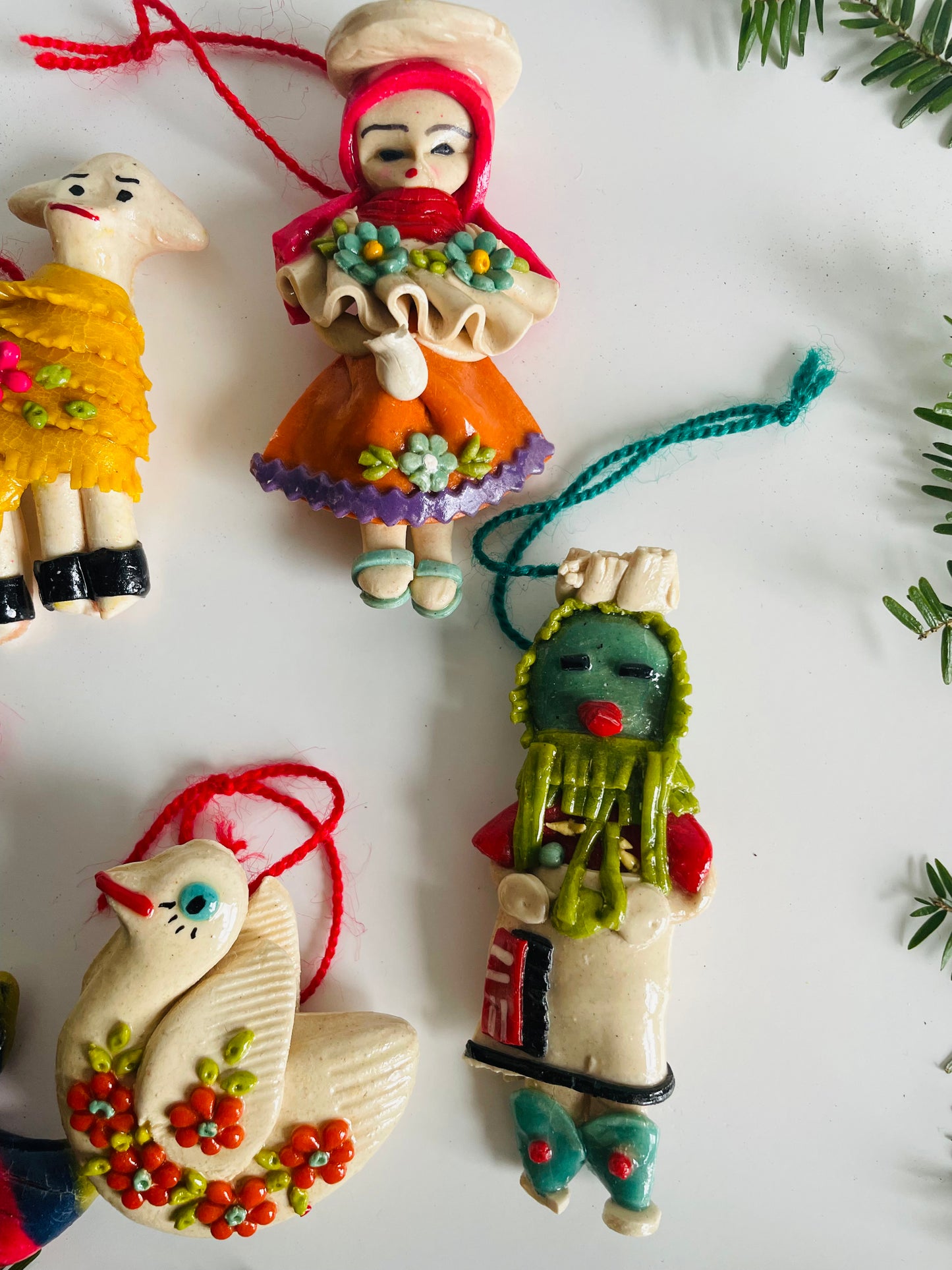 Handmade Salt Dough Folk Ornaments - People, Cat, Dove, Sheep, Parrot - Set of 6