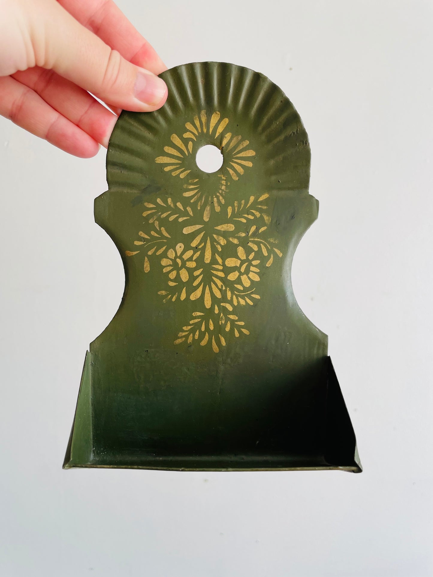 Antique 1880 Green Tin Toleware Match Safe - Wall Hanging Holder with Gold Flower Stencilled Design
