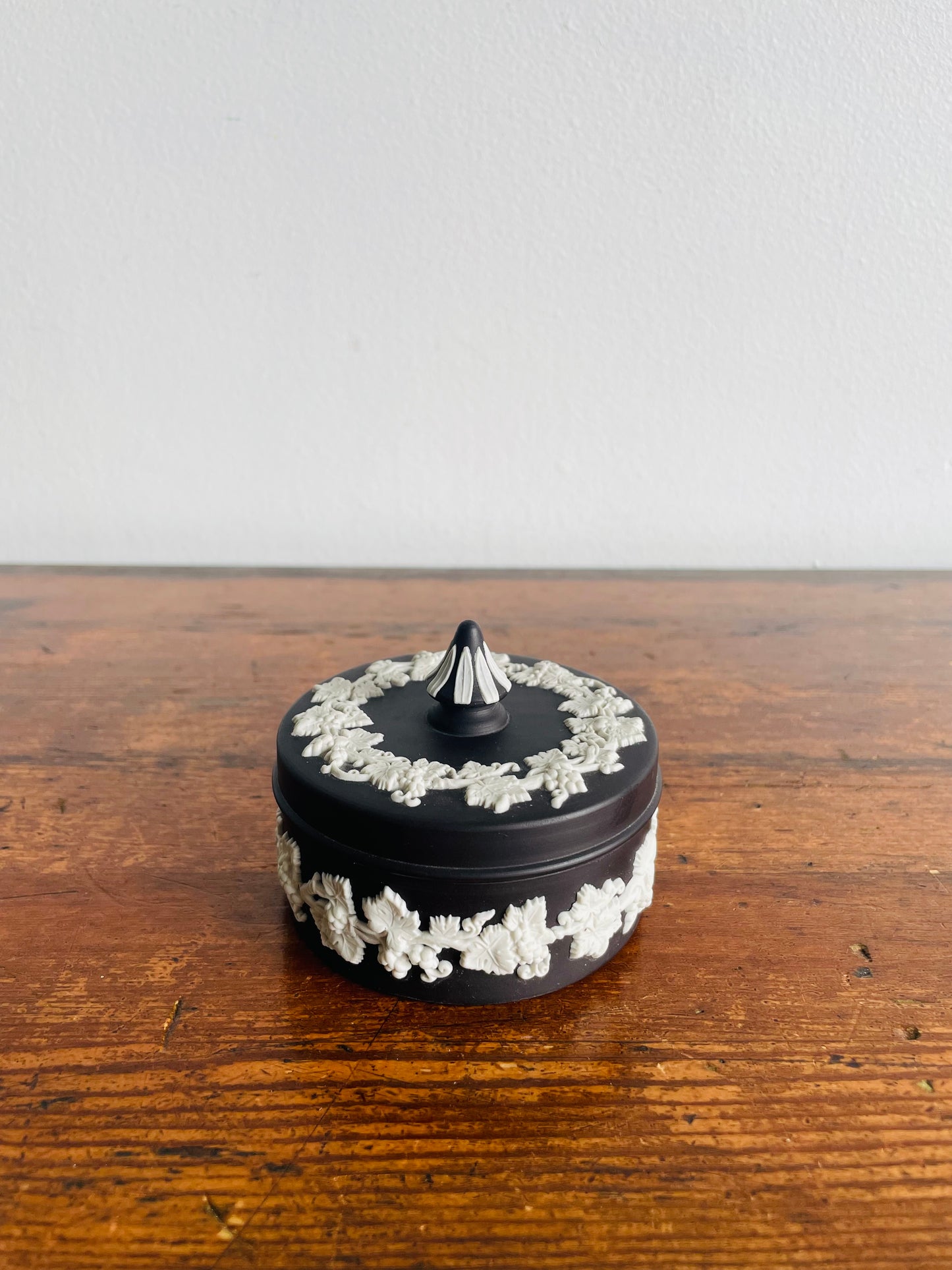 Black Jasperware Wedgwood Round Trinket Dish with Lid - Made in England