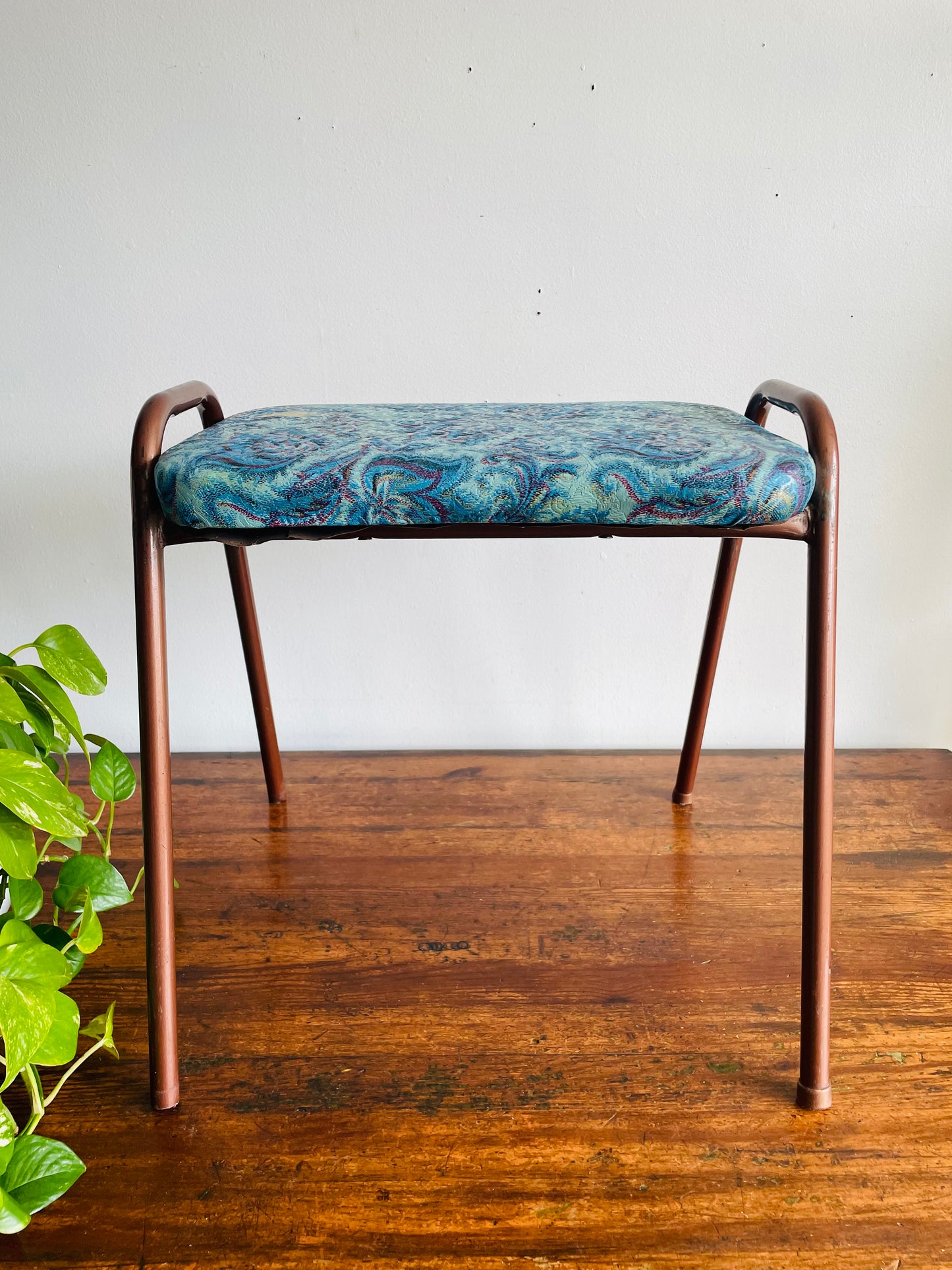 Vintage 1968 Perfect Chrome Furniture Co. Stackable Stool Chair with Vinyl Cushion - Blue Floral Pattern #2 - Made in Toronto