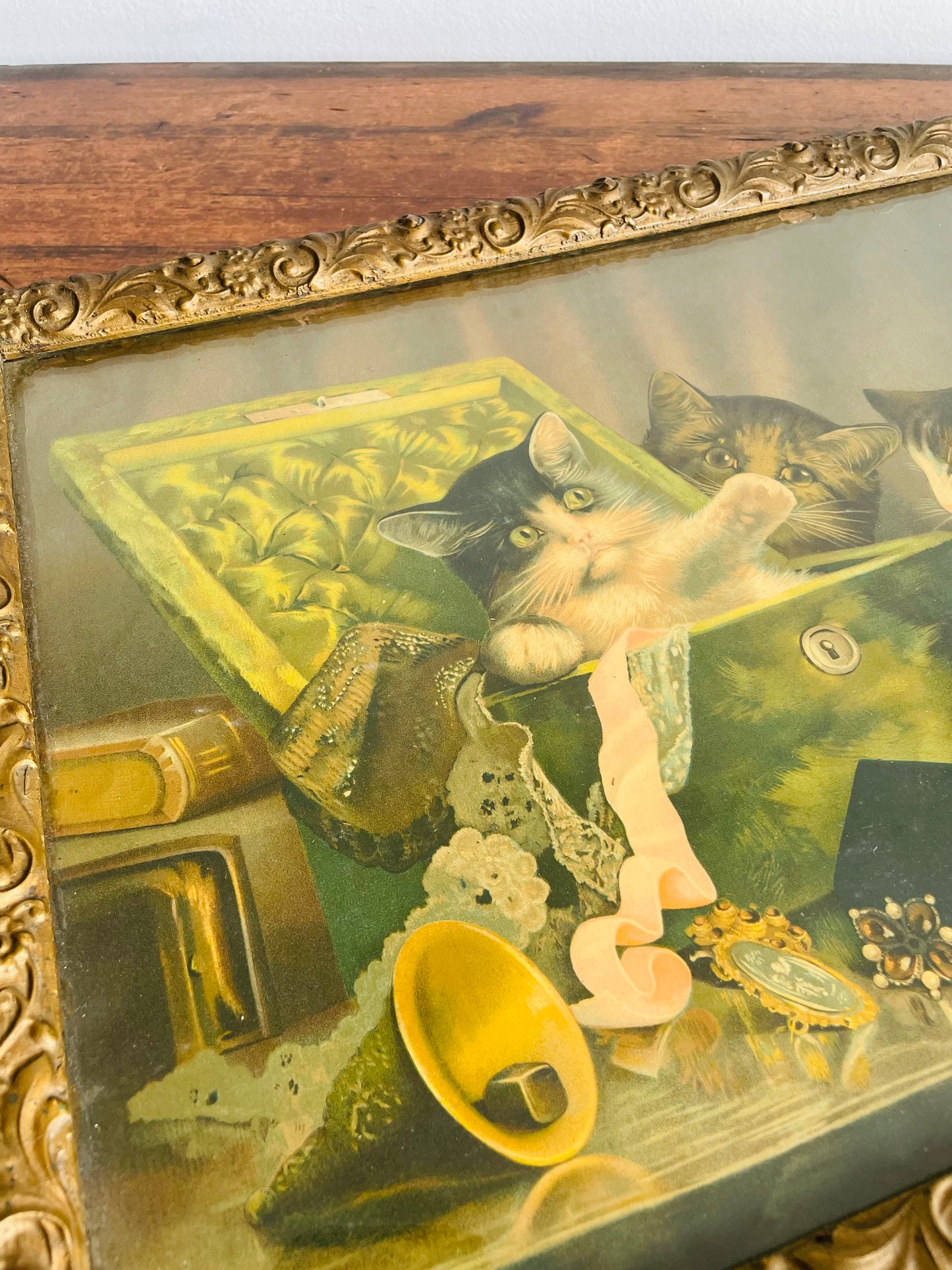 Antique Print Picture of Three Cats Playing in Jewellery Box - Stunning Gold Frame with Ornate Flower & Leaf Design