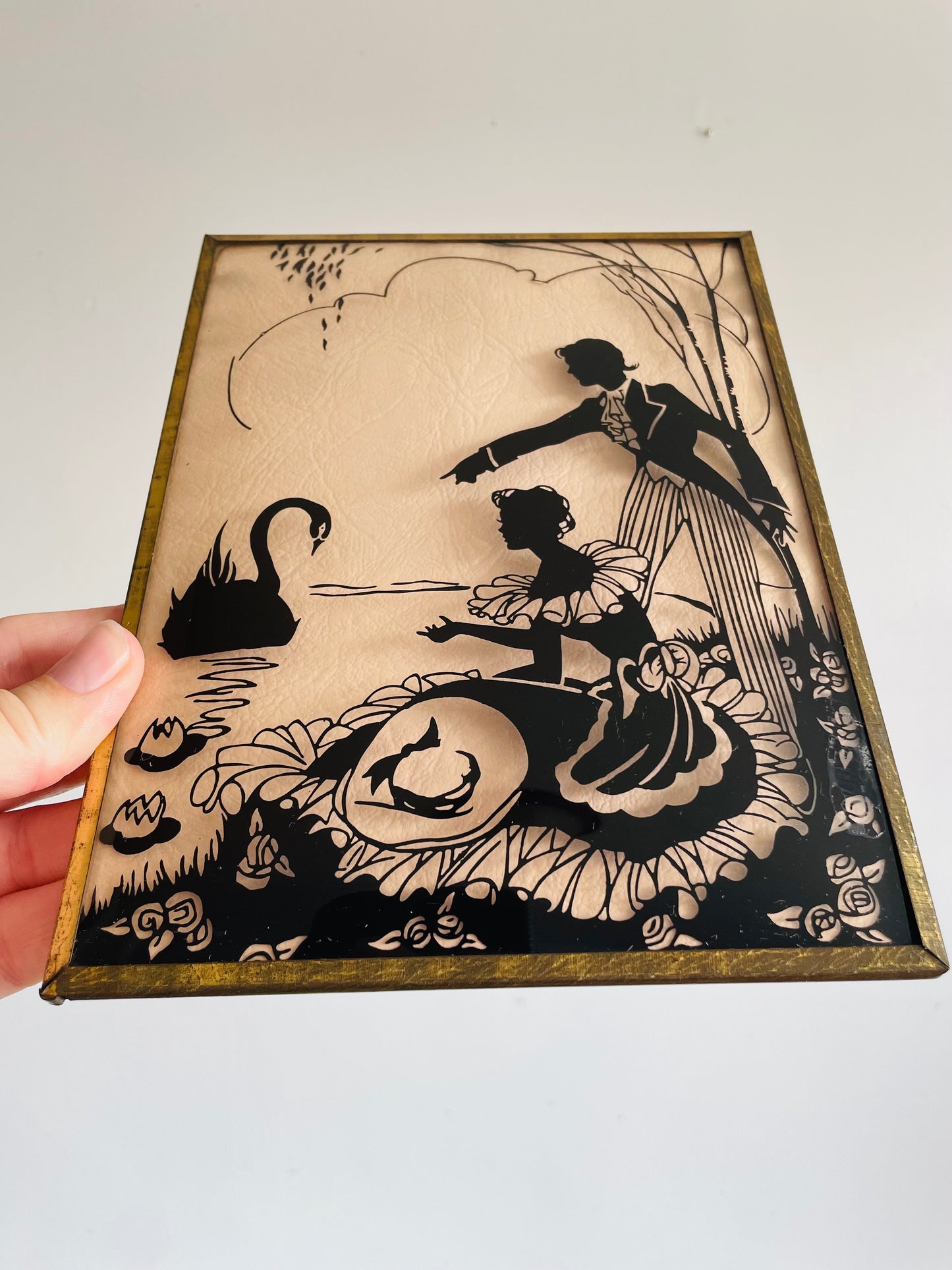 Reverse Painted Silhouette Picture on Convex Bubble Glass - Courting Couple by Pond with Swan