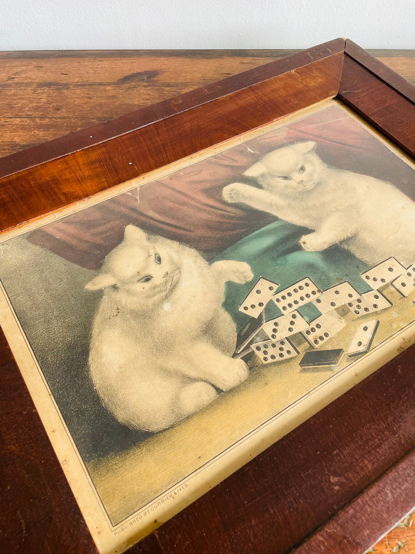 Antique Print Picture of Naughty Cats Knocking Over Dominoes - Currier & Ives 'My Little White Kitties - Playing Dominoes'