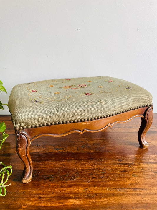 Antique Victorian Solid Wood & Floral Needlepoint Embroidery Footstool