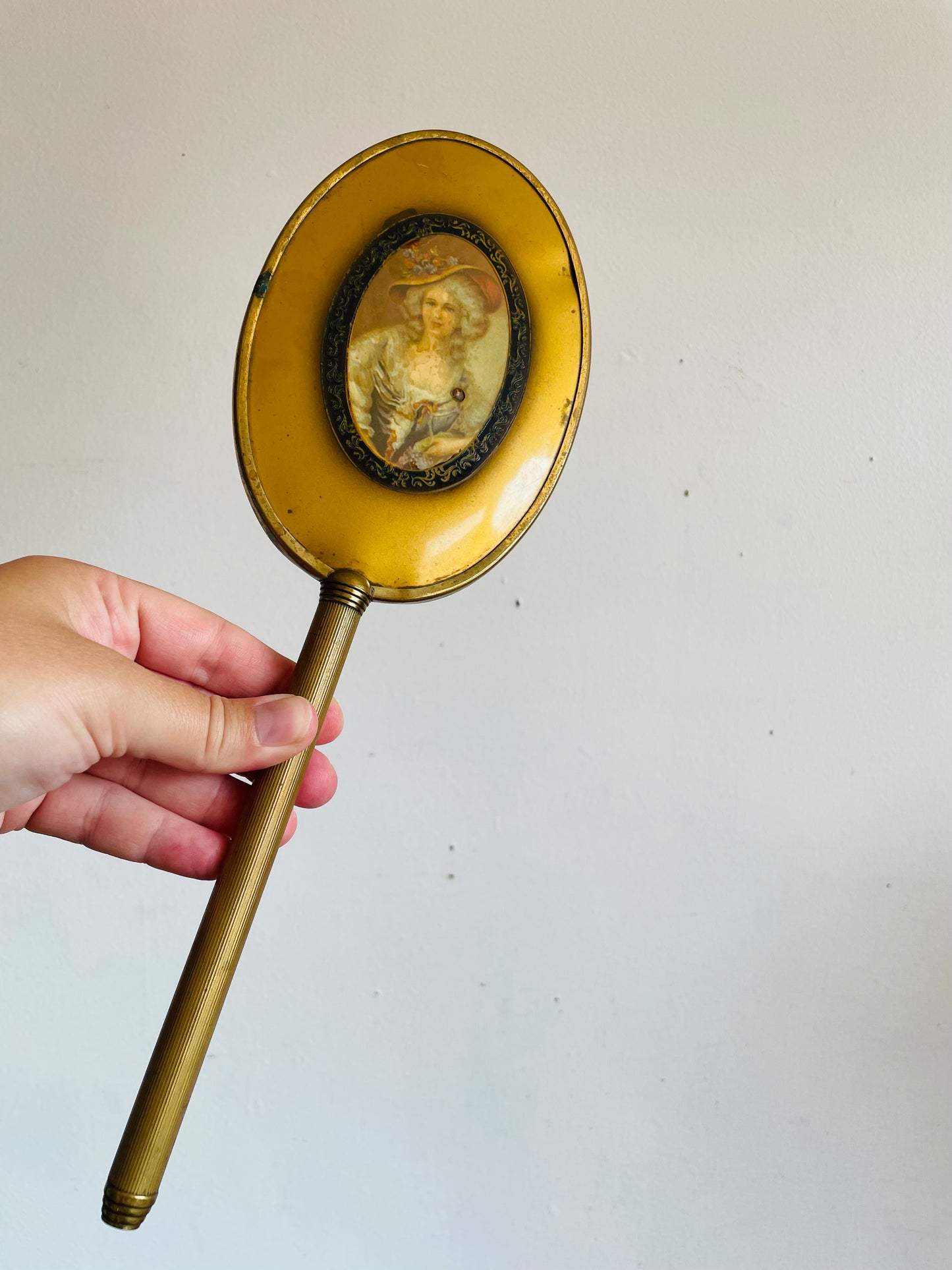 Brass Handheld Mirror with Victorian Lady in Dress